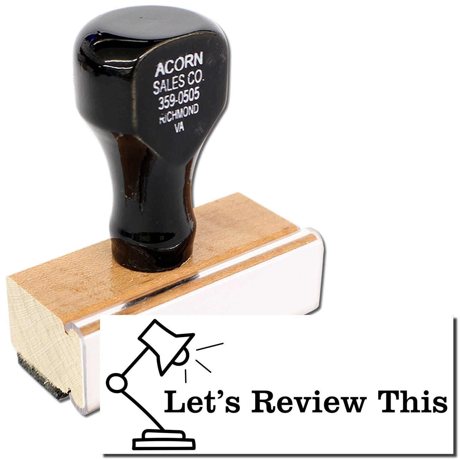 Acorn Sales Co. tool or accessory on a wooden block with Lets Review This prompt and label 359-0505, Richmond, VA.