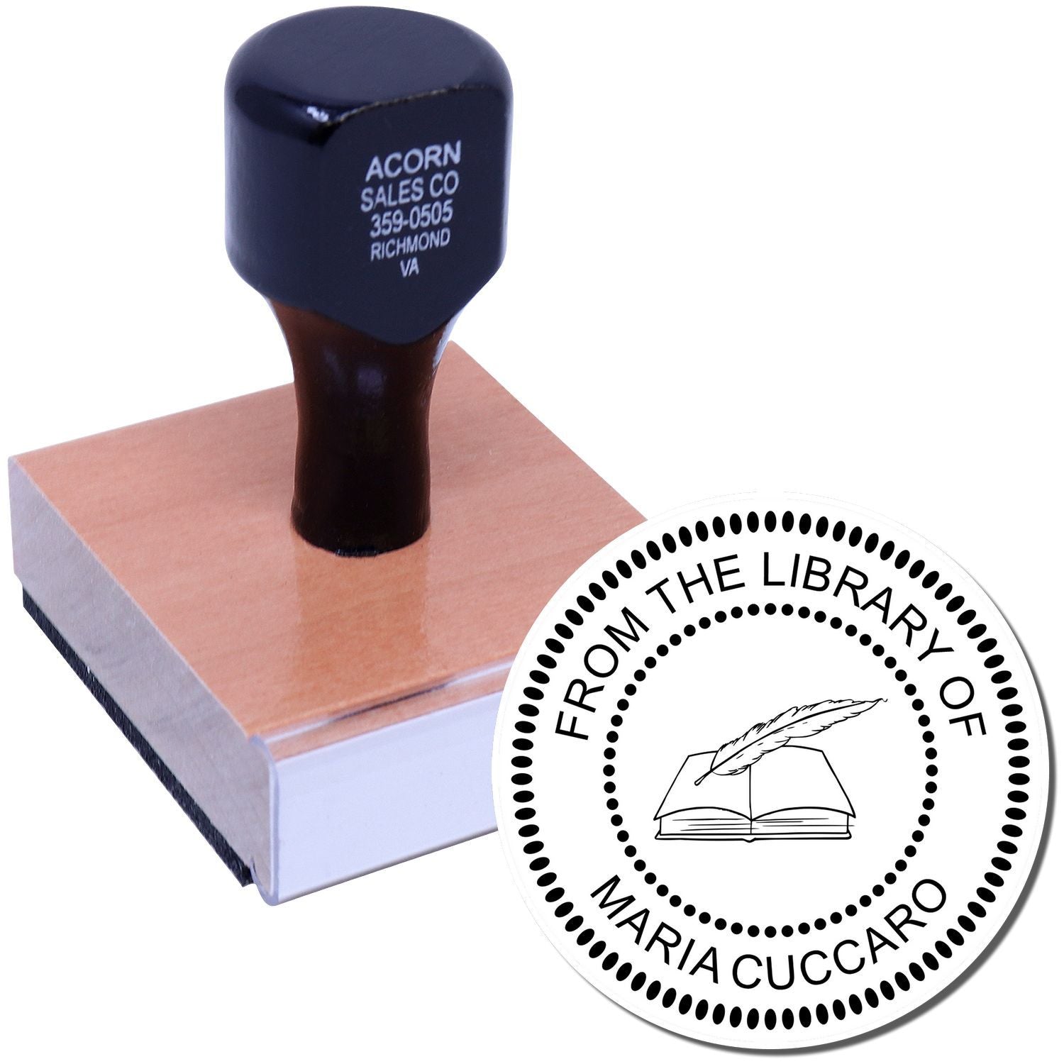 Custom rubber library stamp on book, featuring From the Library of Maria Cuccaro bookplate design.