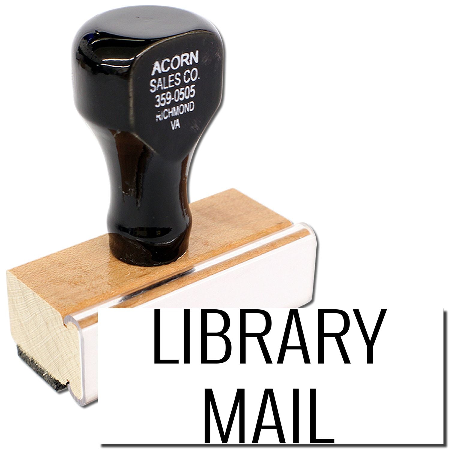 Acorn Sales Co. 359-0505 Richmond VA labeled black component on wooden base product part label for Library Mail service.