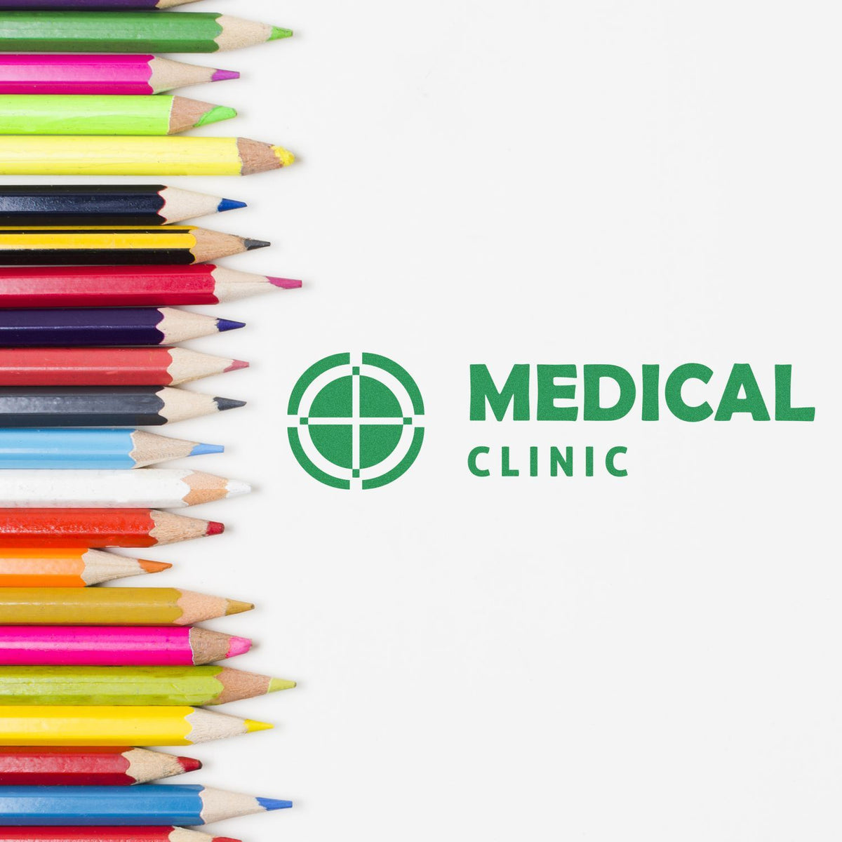 Colorful pencils border a white background with green medical clinic logo and text.