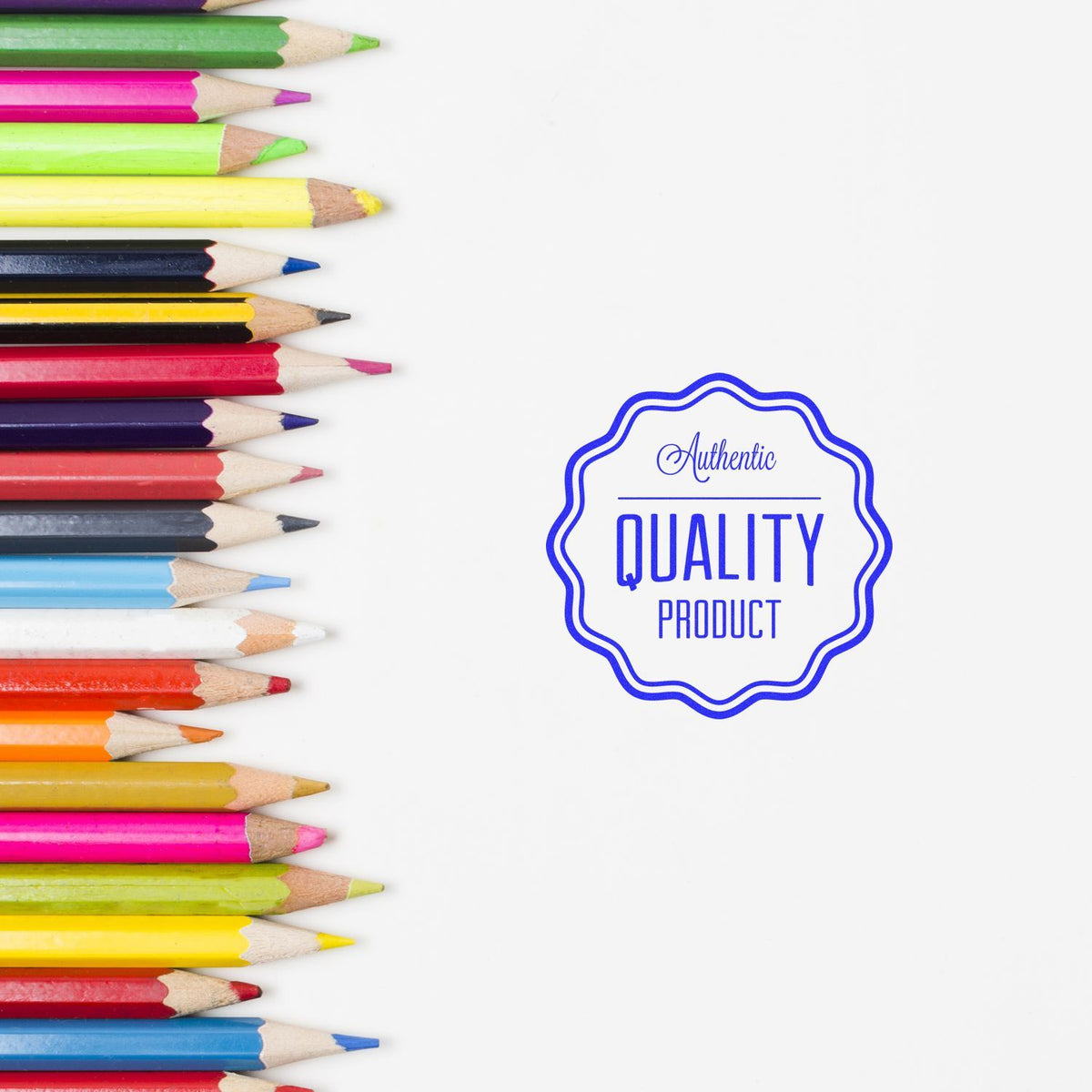 Colorful colored pencils with Authentic Quality Product stamp on white background, creative school supplies concept.