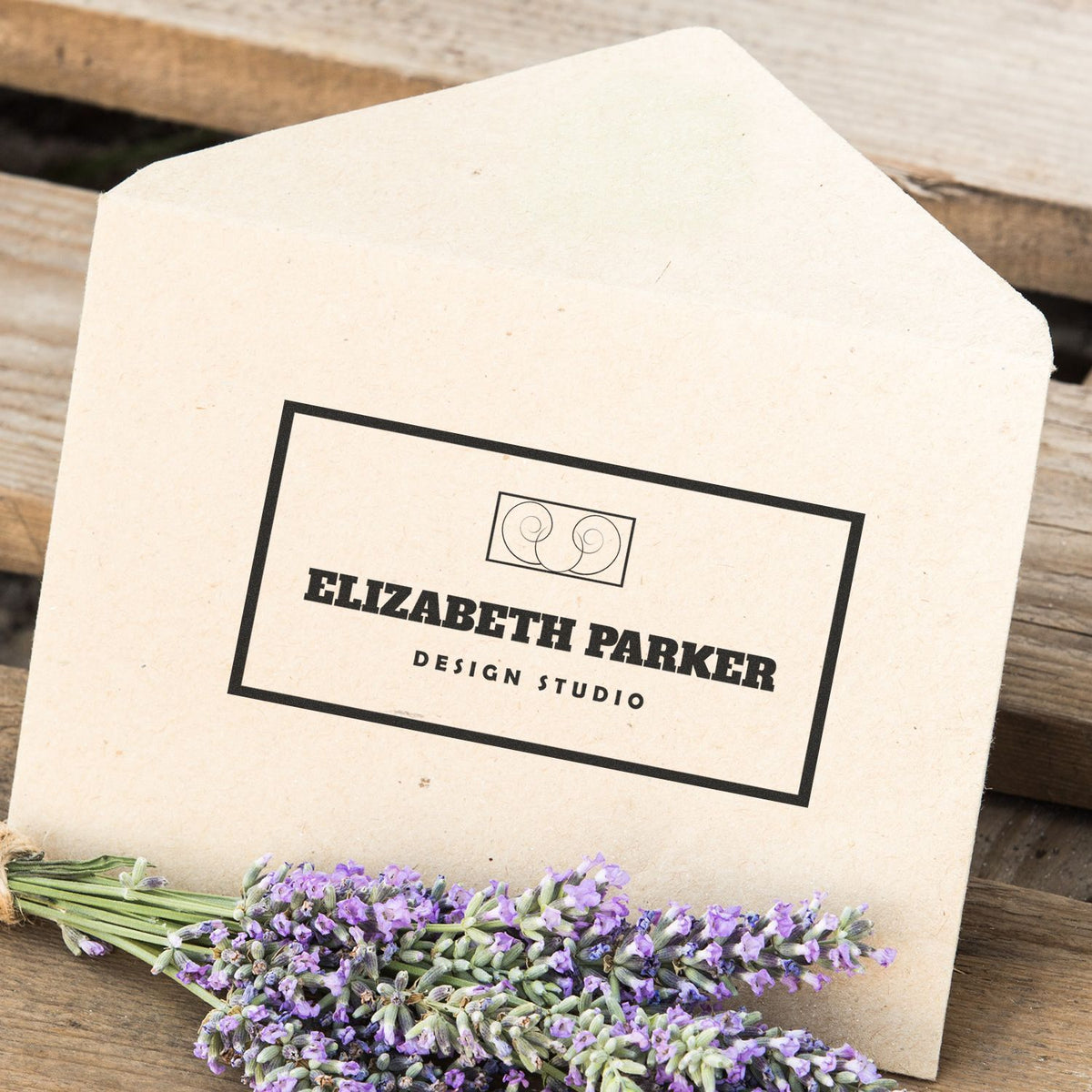 Elizabeth Parker Design Studio kraft gift bag with lavender buds, showcasing premium artisan packaging and lavender floral-scent branding.