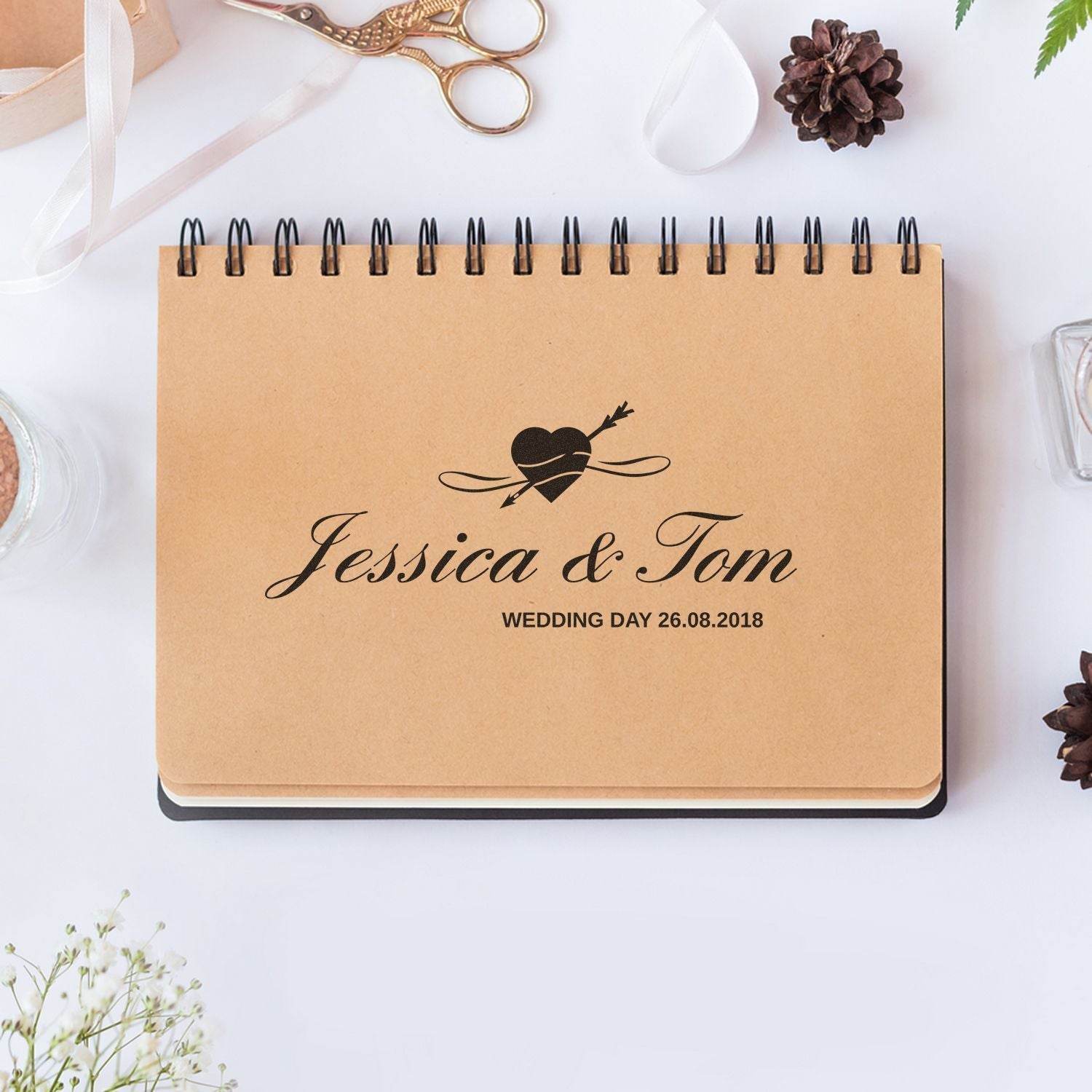 Personalized wedding guest book cover for Jessica & Tom with date 26.08.2018, ideal for wedding stationery and keepsakes and planner pages.