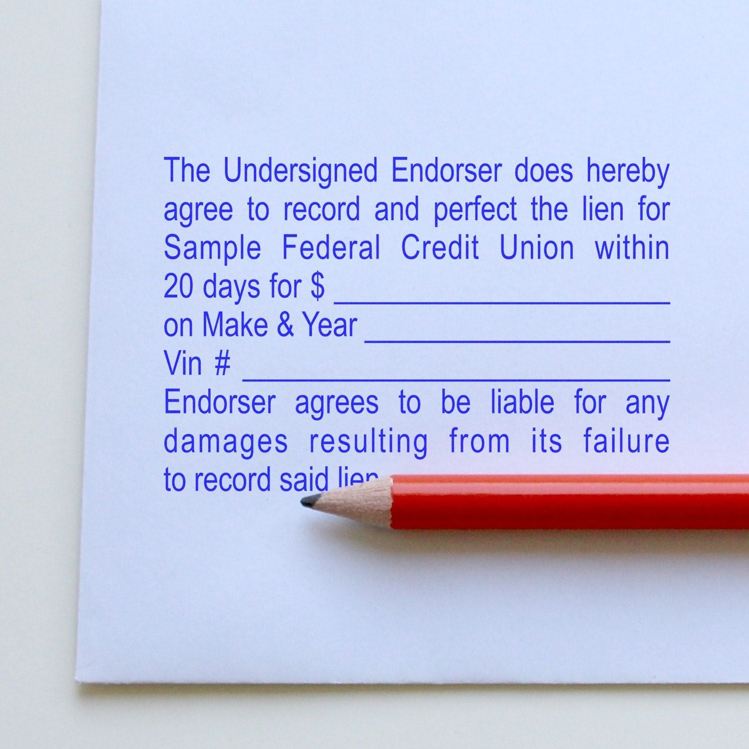 Signed agreement text for Sample Federal Credit Union lien: endorser records lien within 20 days, provides VIN, and accepts liability.