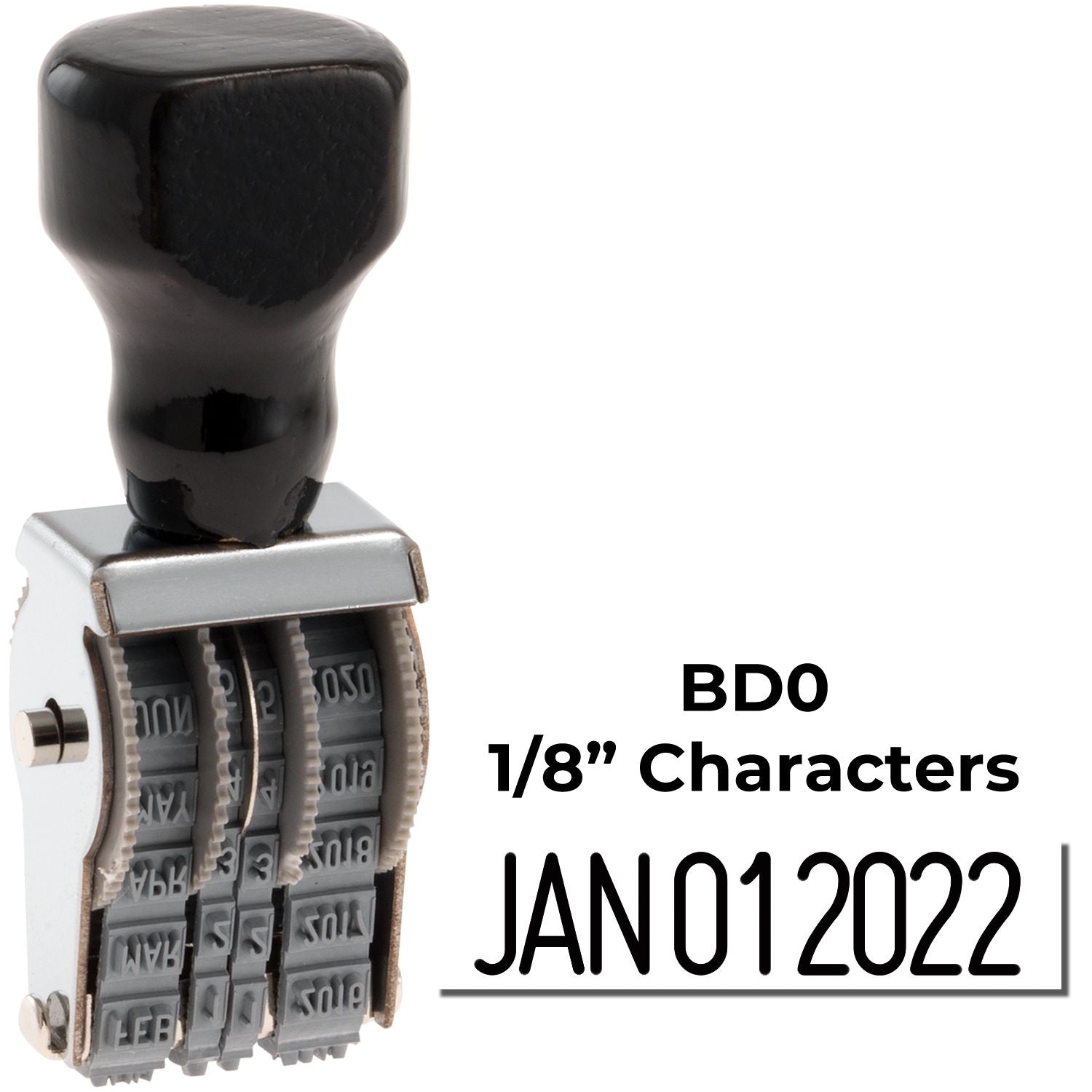BDO 1/8-inch self-inking date stamp with JAN 01 2022 characters, black handle and rotating month bands