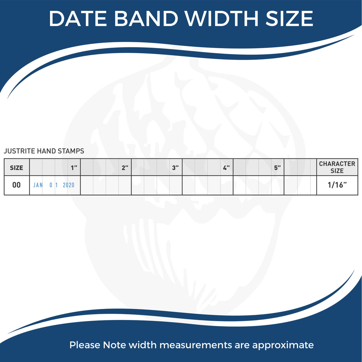 Date band width size chart for Justrite hand stamps, showing 1/16-inch character size and approximate stamp widths from 1 to 5 inches.