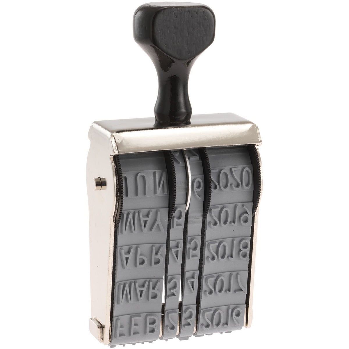 Manual self-inking date stamp with rotating number bands, black handle, and silver metal body on white background