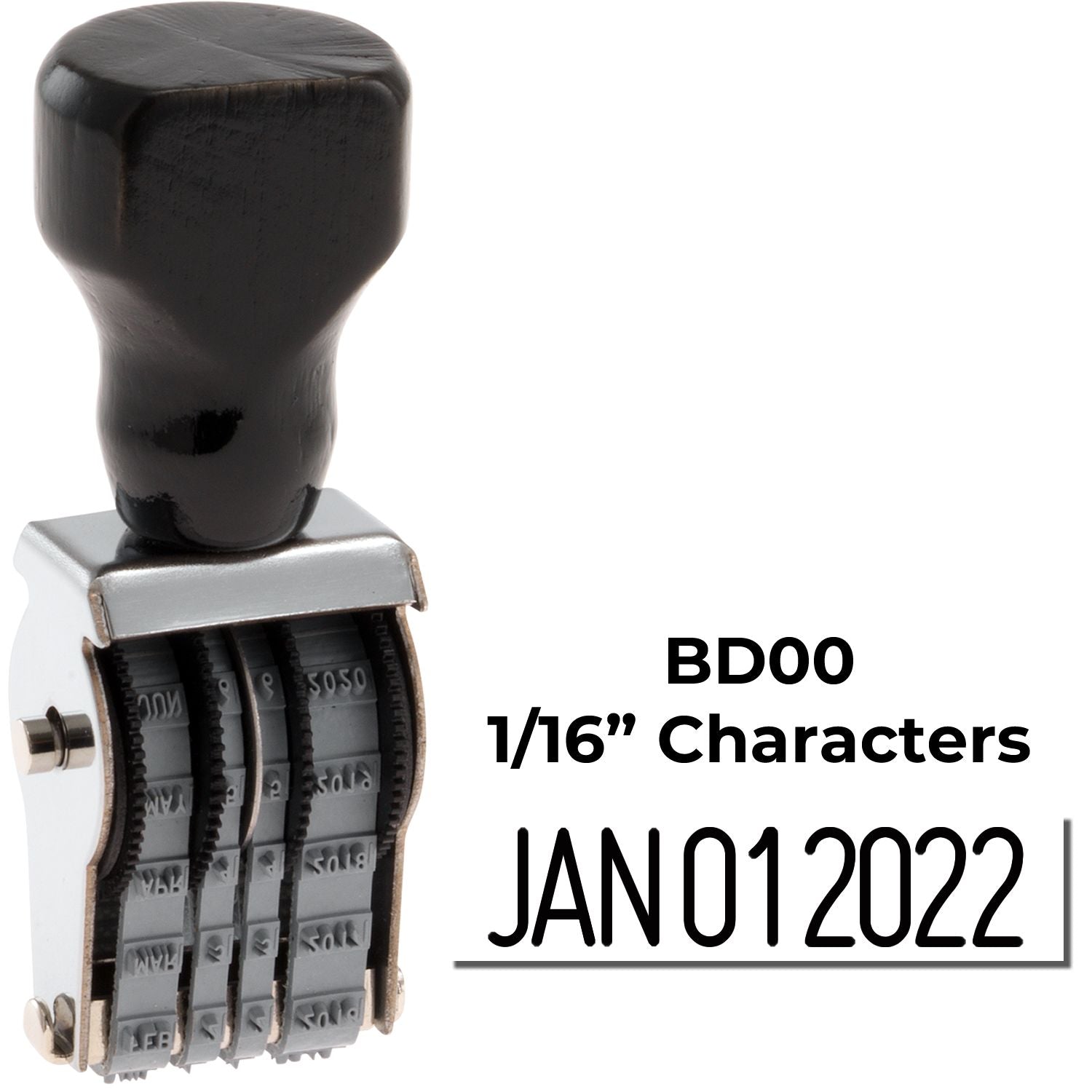 BD00 1/16-inch self-inking date stamp showing JAN 01 2022 with adjustable rotating characters.