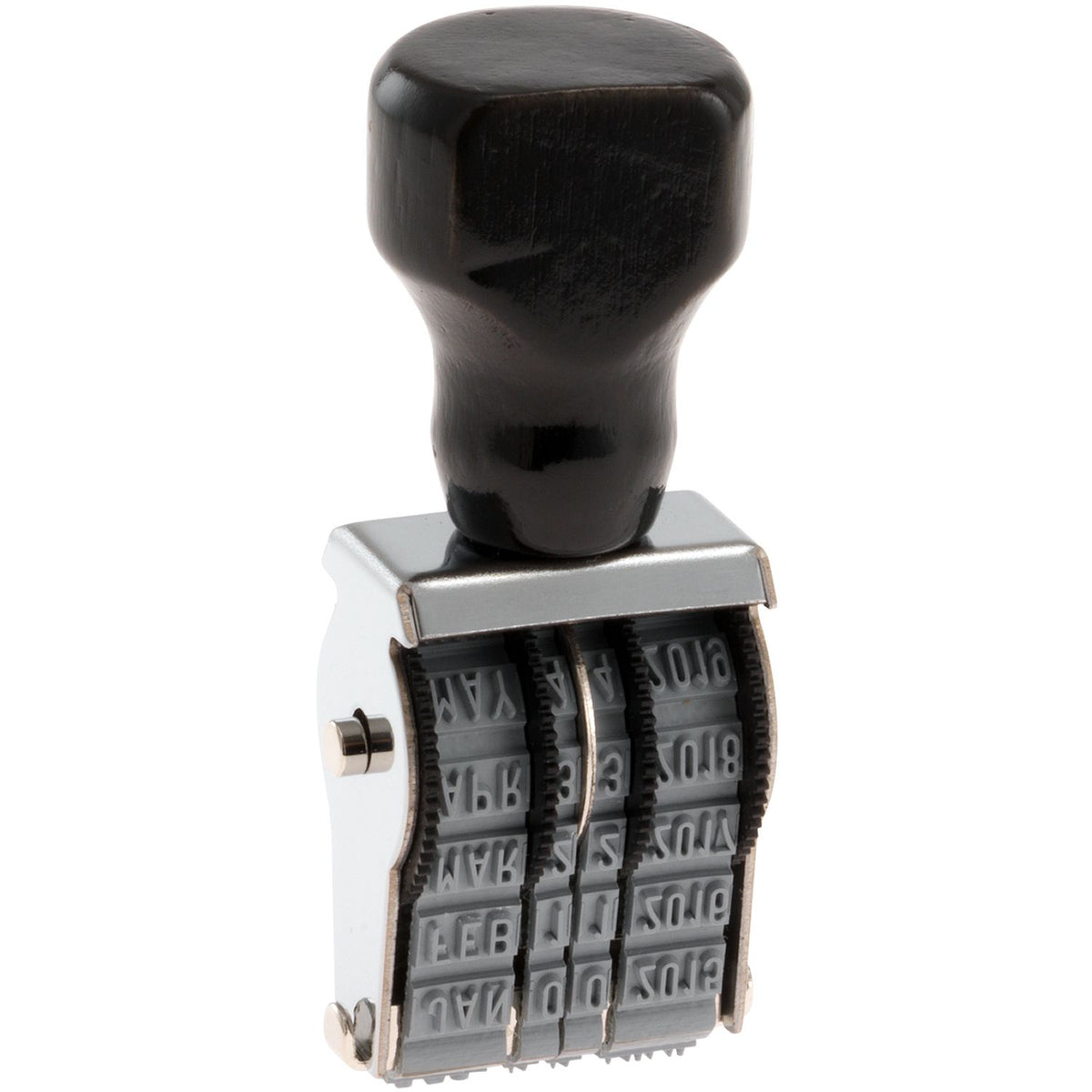 Black and silver self-inking date stamp with adjustable number bands isolated on white background