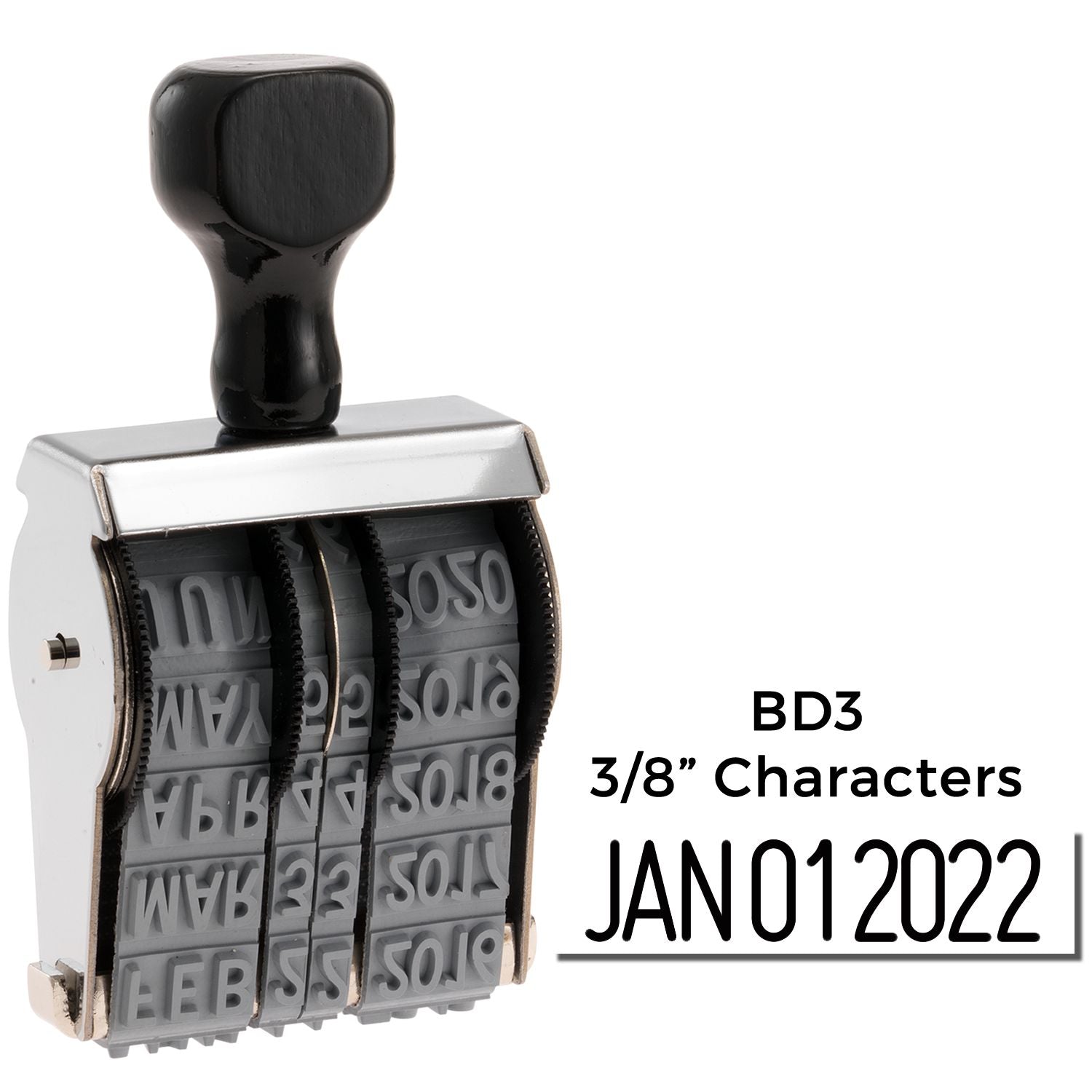 BD3 3/8-inch self-inking date stamp with JAN 01 2022 characters on white background