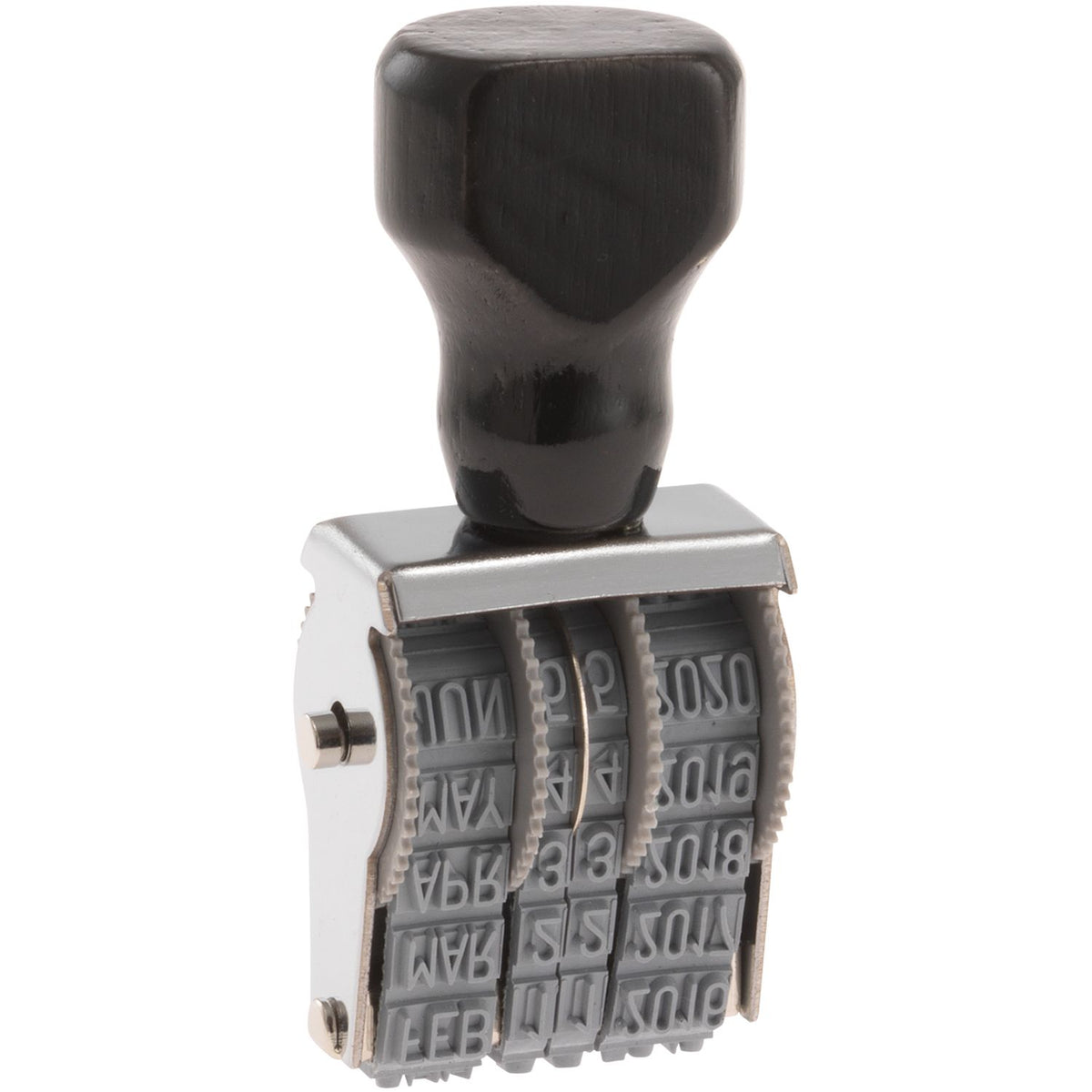 Self-inking date stamp with adjustable month, day and year wheels, black handle and gray metal body.