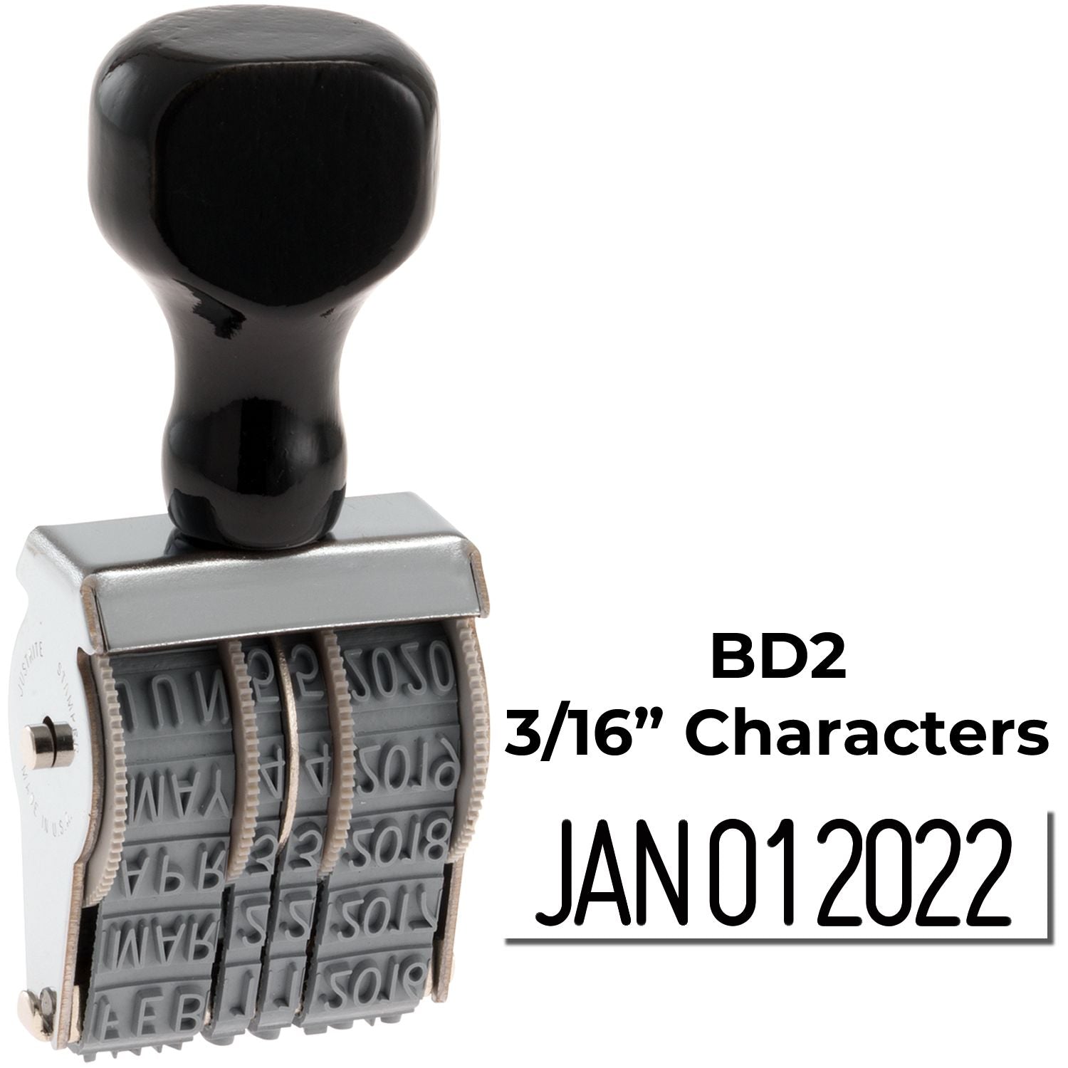 BD2 3/16-inch self-inking date stamp with JAN012022 characters and black handle.