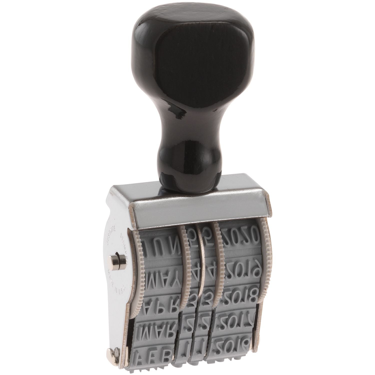 Black self-inking office date stamp with adjustable number wheels on a white background