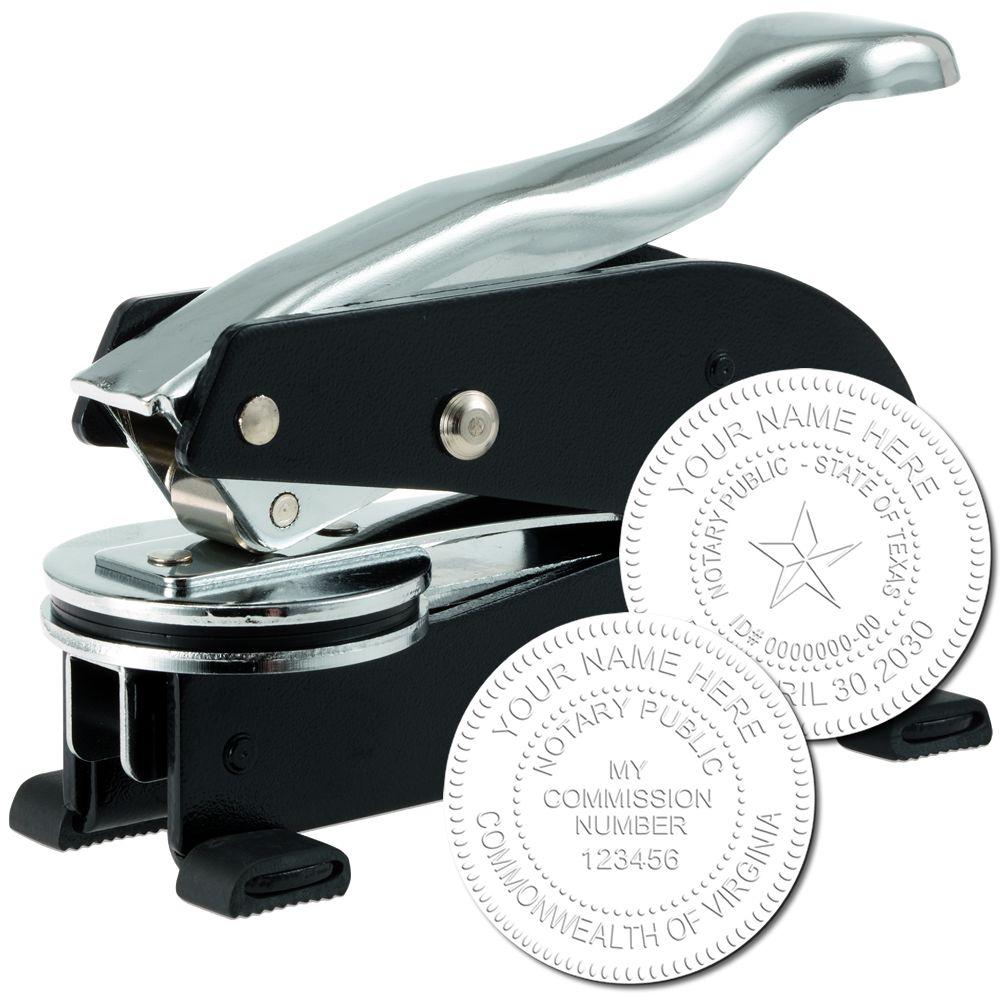 Black and silver notary embossing seal stamp with custom state notary public seals on white background