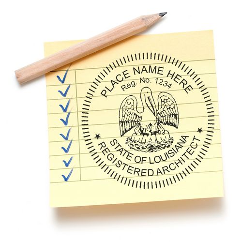 Louisiana registered architect seal on yellow sticky note with pencil and checklist marks