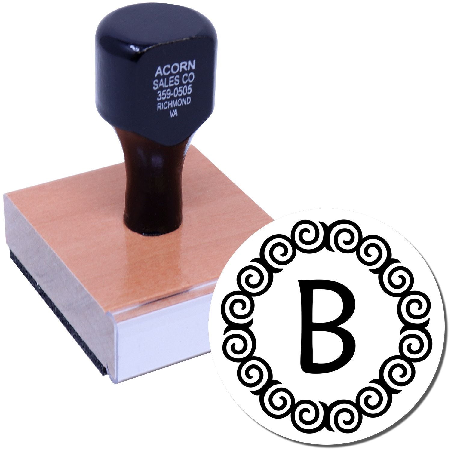 Custom rubber stamp with decorative monogram B design and wooden handle for personalized branding and stationery use