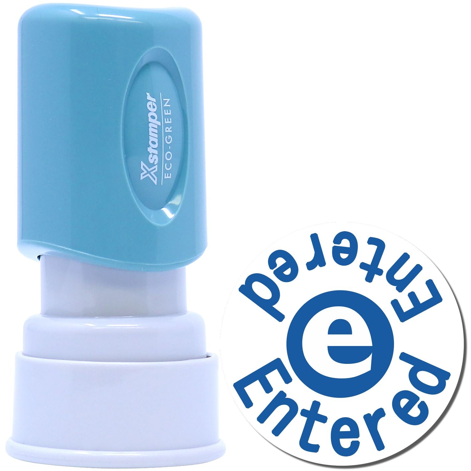 Xstamper Eco-Green ink stamp for office labeling, featuring blue stamp base and circular Eco-Green logo.