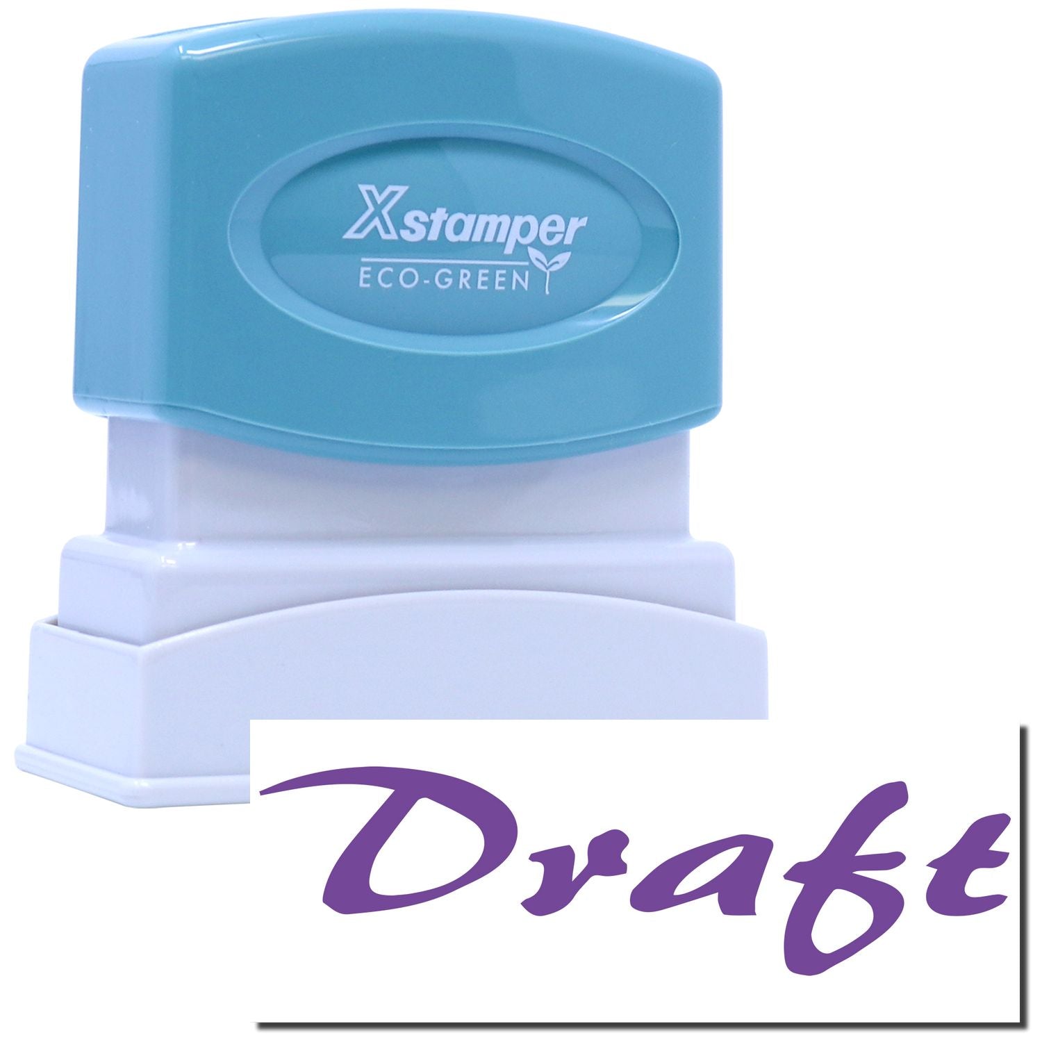 Xstamper Eco-Green self-inking stamp for labeling, featuring Xstamper logo on teal and white stamp body.