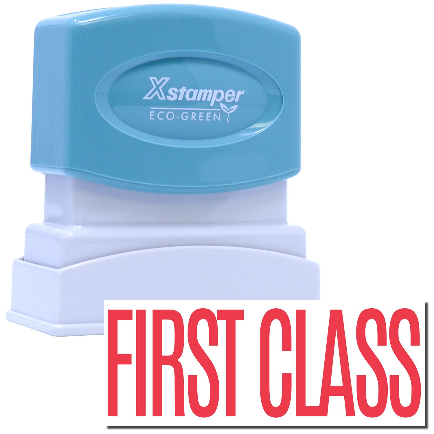 Xstamper Eco-Green ink stamp labeled FIRST CLASS for office mailing and shipping, reusable rubber stamp for marking envelopes
