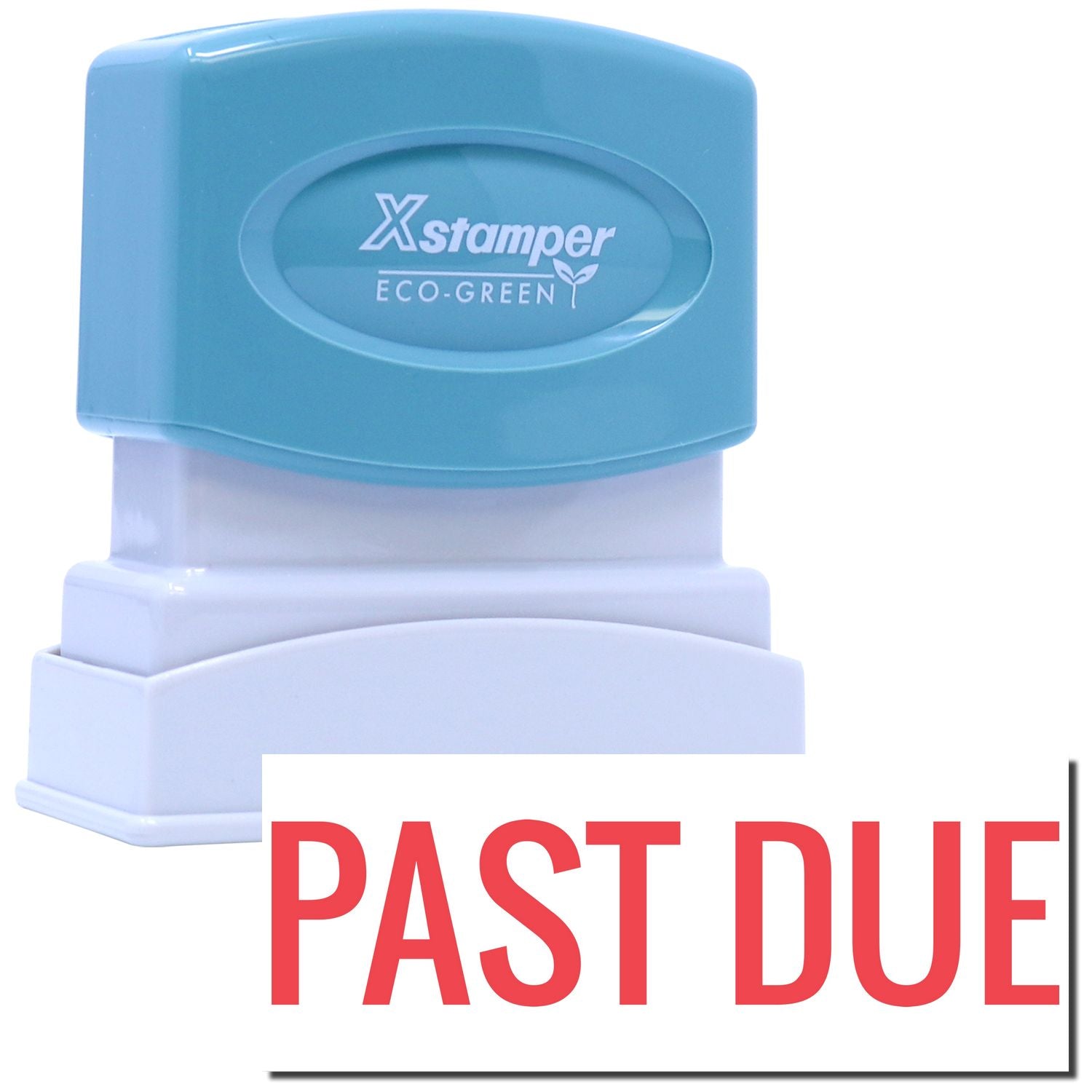 Xstamper Eco-Green self-inking stamp with PAST DUE message, reusable office date stamp for invoices and billing notices.