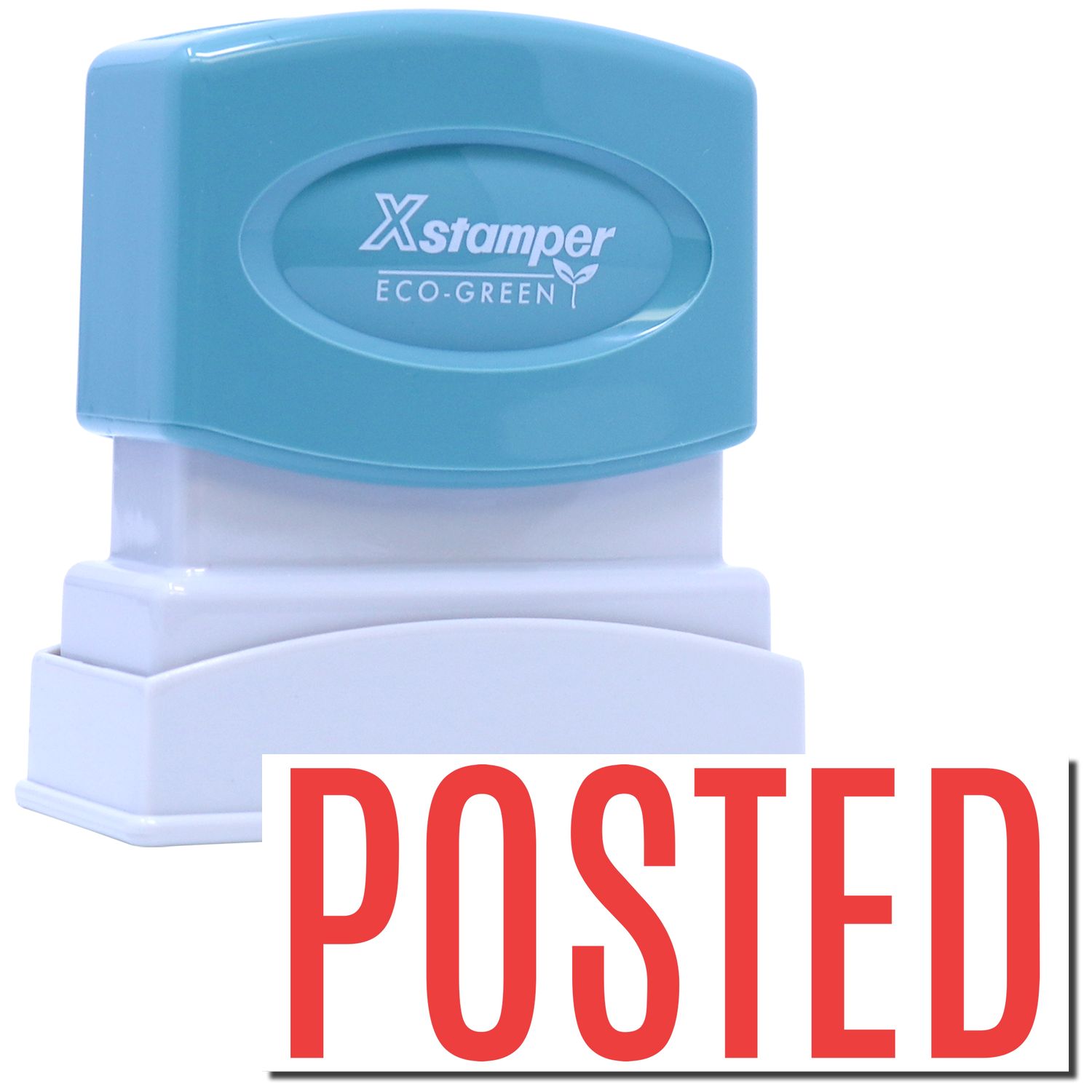Xstamper Eco-Green self-inking stamp labeled POSTED for marking documents with an eco-friendly office branding tool