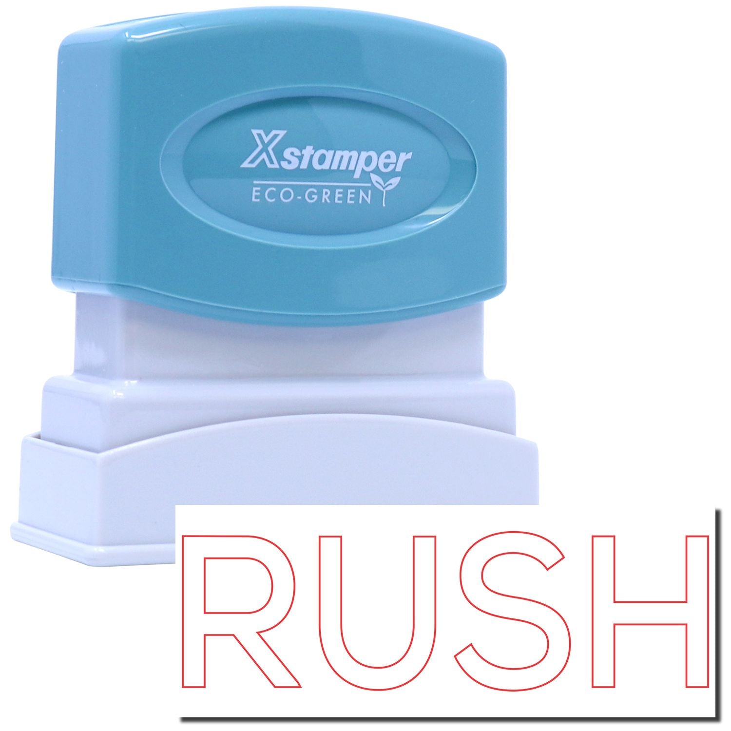 Xstamper Eco-Green ink stamp head with logo, highlighting eco-friendly rubber stamp product branding.