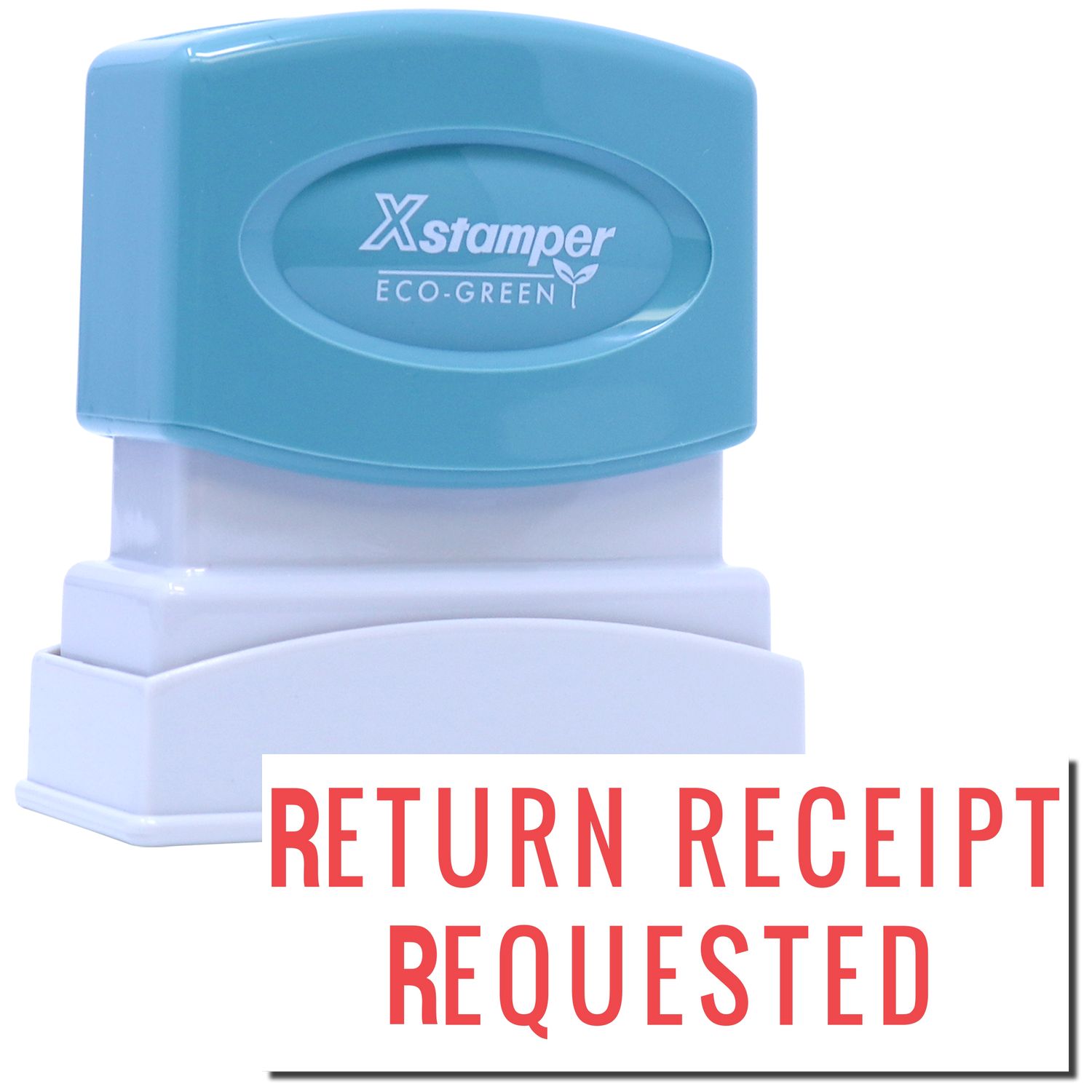 Xstamper Eco-Green stamp marking Return Receipt Requested for certified mail, proof of delivery, and tracking receipts.