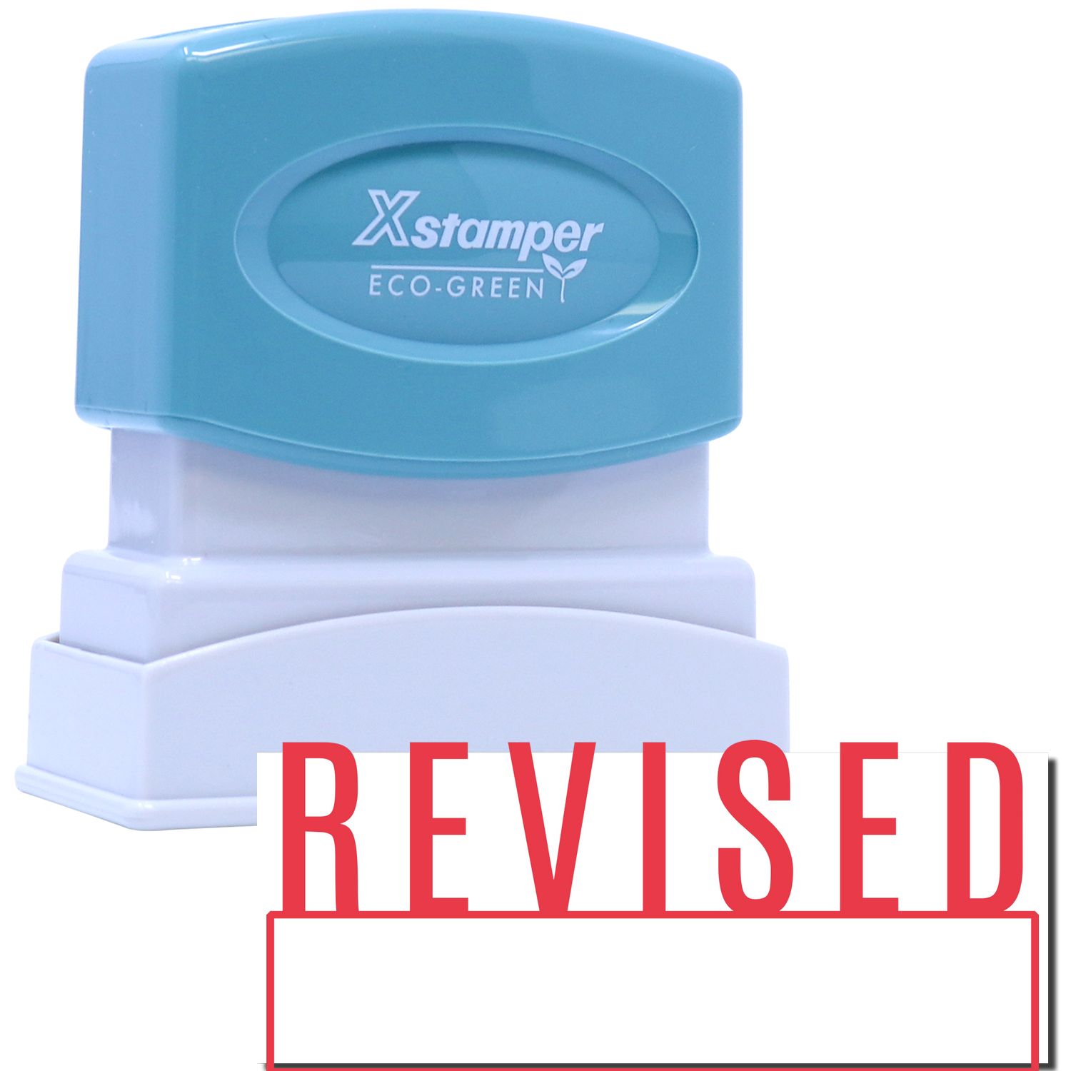 Xstamper Eco-Green REVISED self-inking stamp, green logo on blue/white device for office document updates