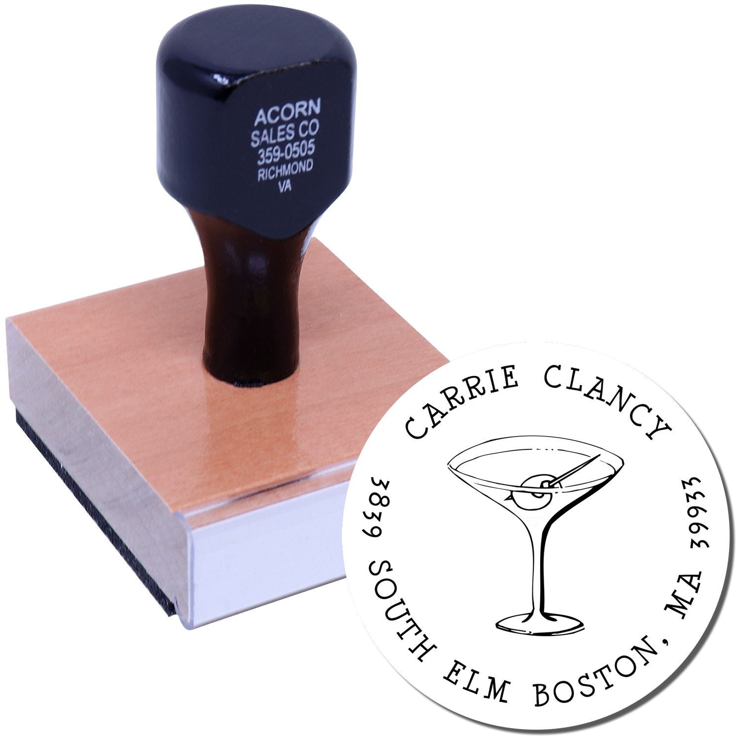 Custom rubber logo stamp with address impression for business branding, mailings, and packaging.