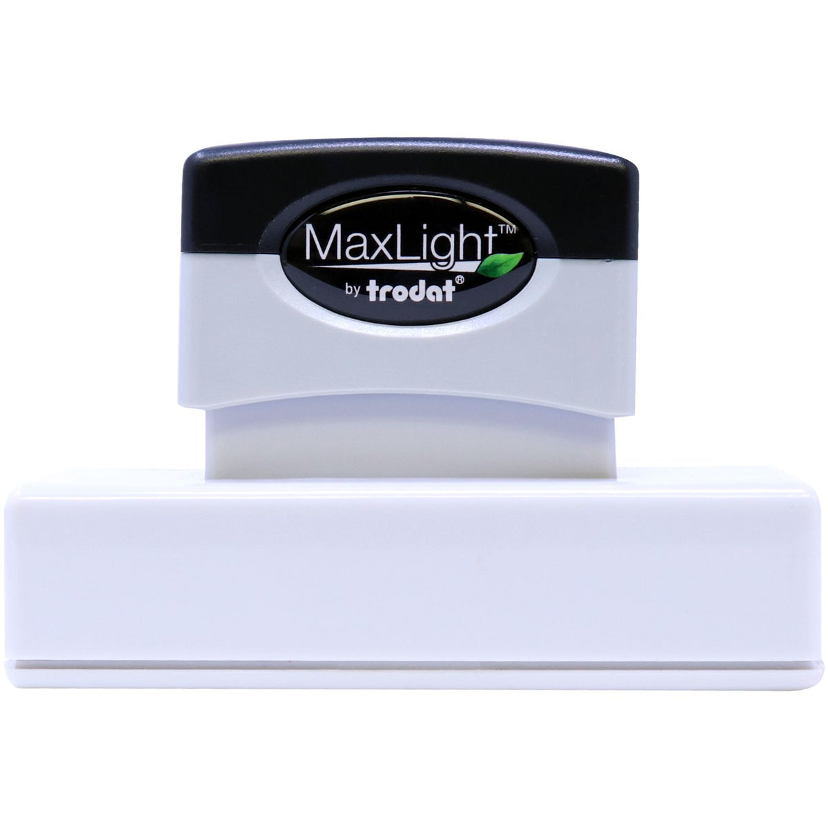 MaxLight by Trodat stamp for crisp professional impressions, close-up of logo on white stamp base.