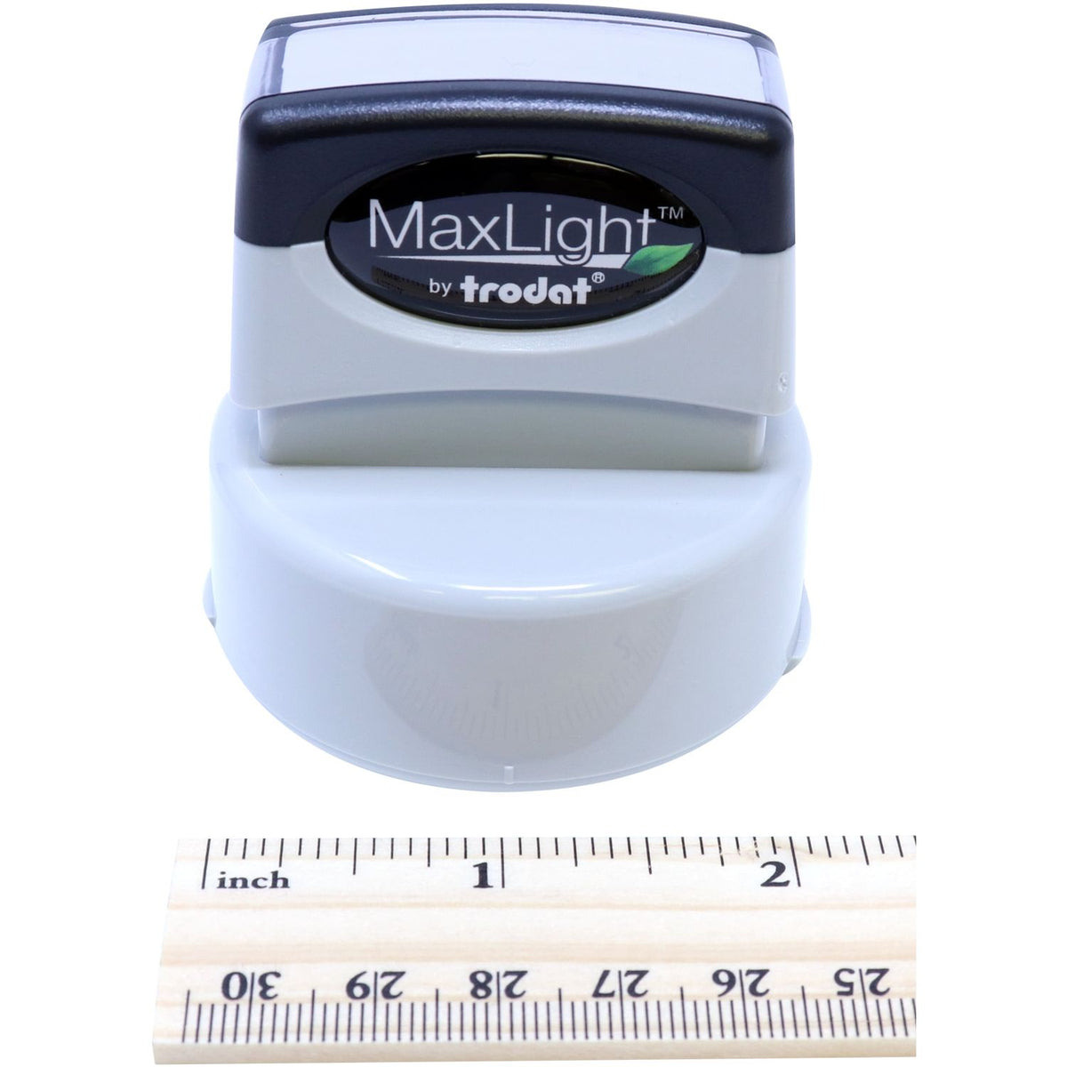 Trodot MaxLight™ light device close-up with inch ruler showing product dimensions and fit for lighting installation.
