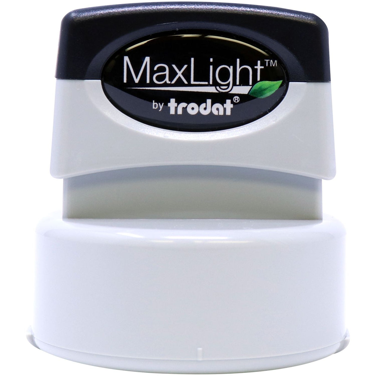 Trodat MaxLight stamp ink pad with MaxLight by Trodat logo on top, close-up of self-inking stamp for office document stamping