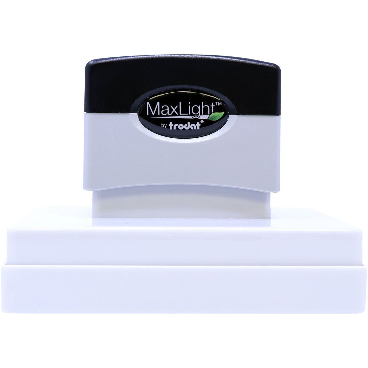 Close-up of Trodat MaxLight stamp pad base with MaxLight by Trodat logo, product photo for office rubber stamp supplies.