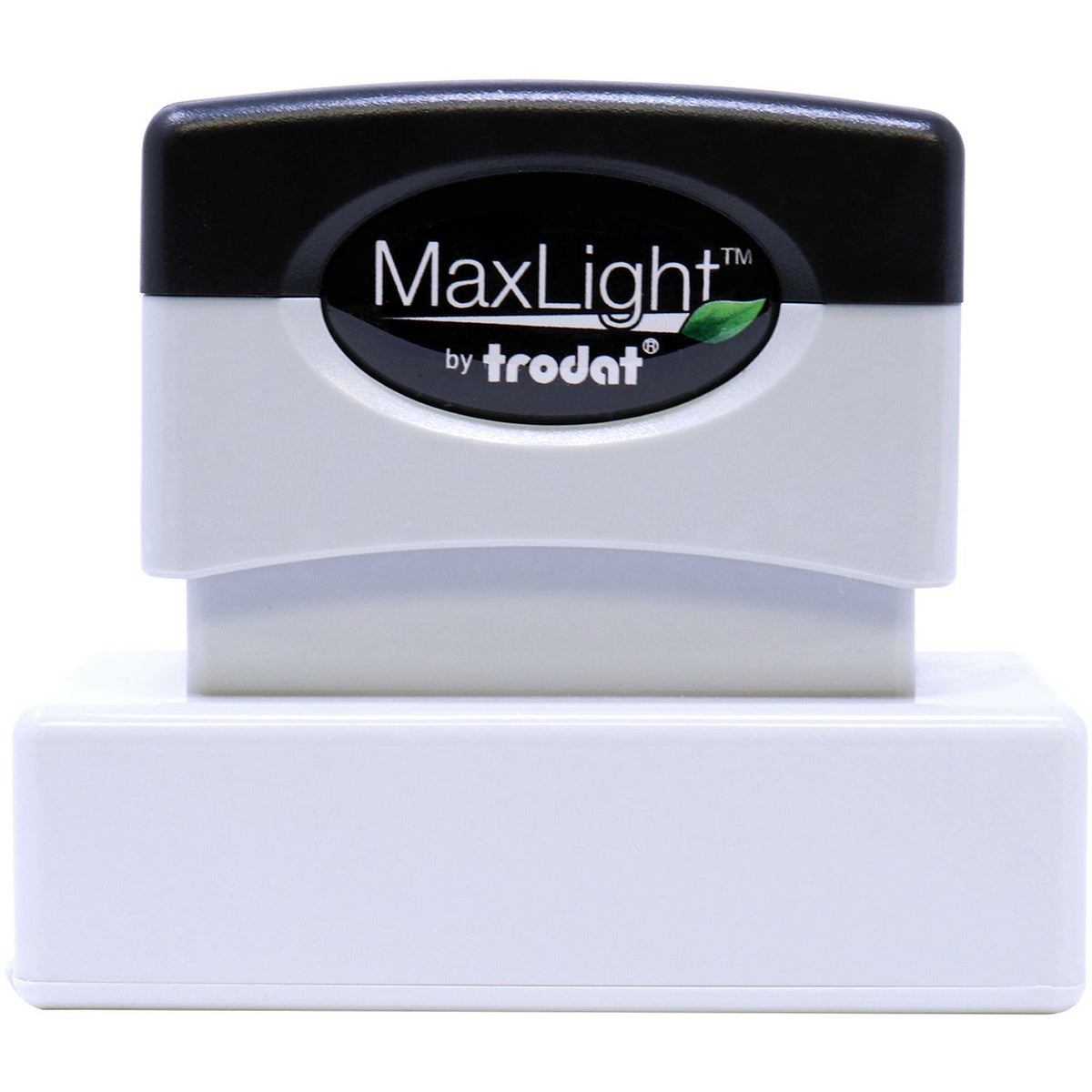 MaxLight by Trodat self-inking stamp base close-up showing brand label for office address and labeling use.
