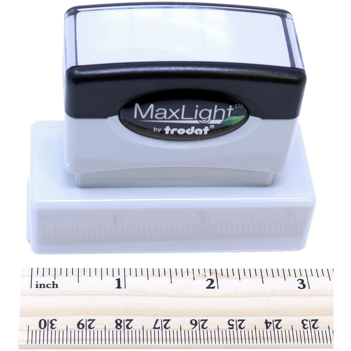 MaxLight by Trojan light device close-up with size ruler measuring inches for installation and product dimensions