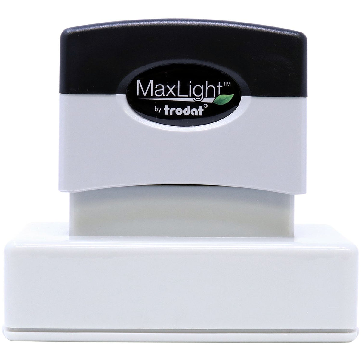 Close-up of MaxLight by Trodat logo on white office stamp ink pad base for labeling and document marking