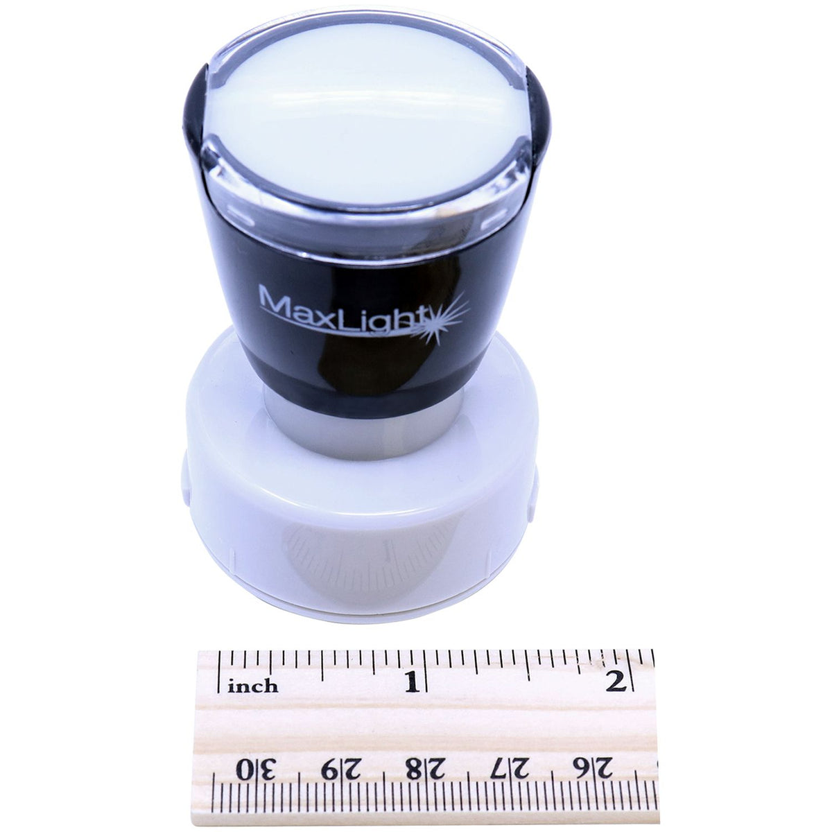 MaxLight LED flashlight with measurement ruler showing compact size and dimensions.