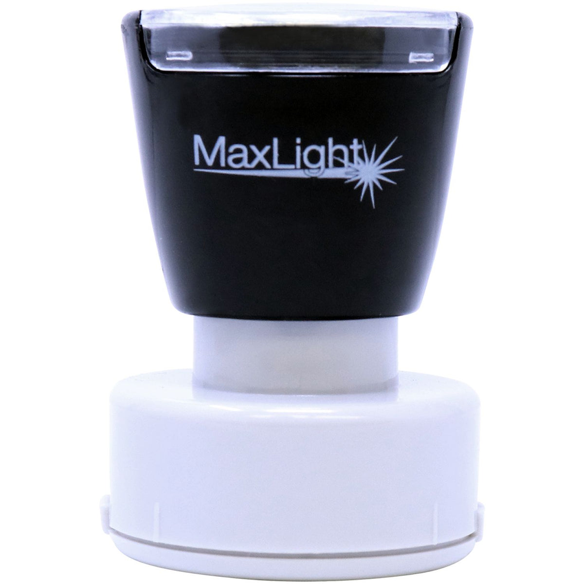 MaxLight portable LED flashlight head with brand logo, shown on a white base for on-the-go lighting.