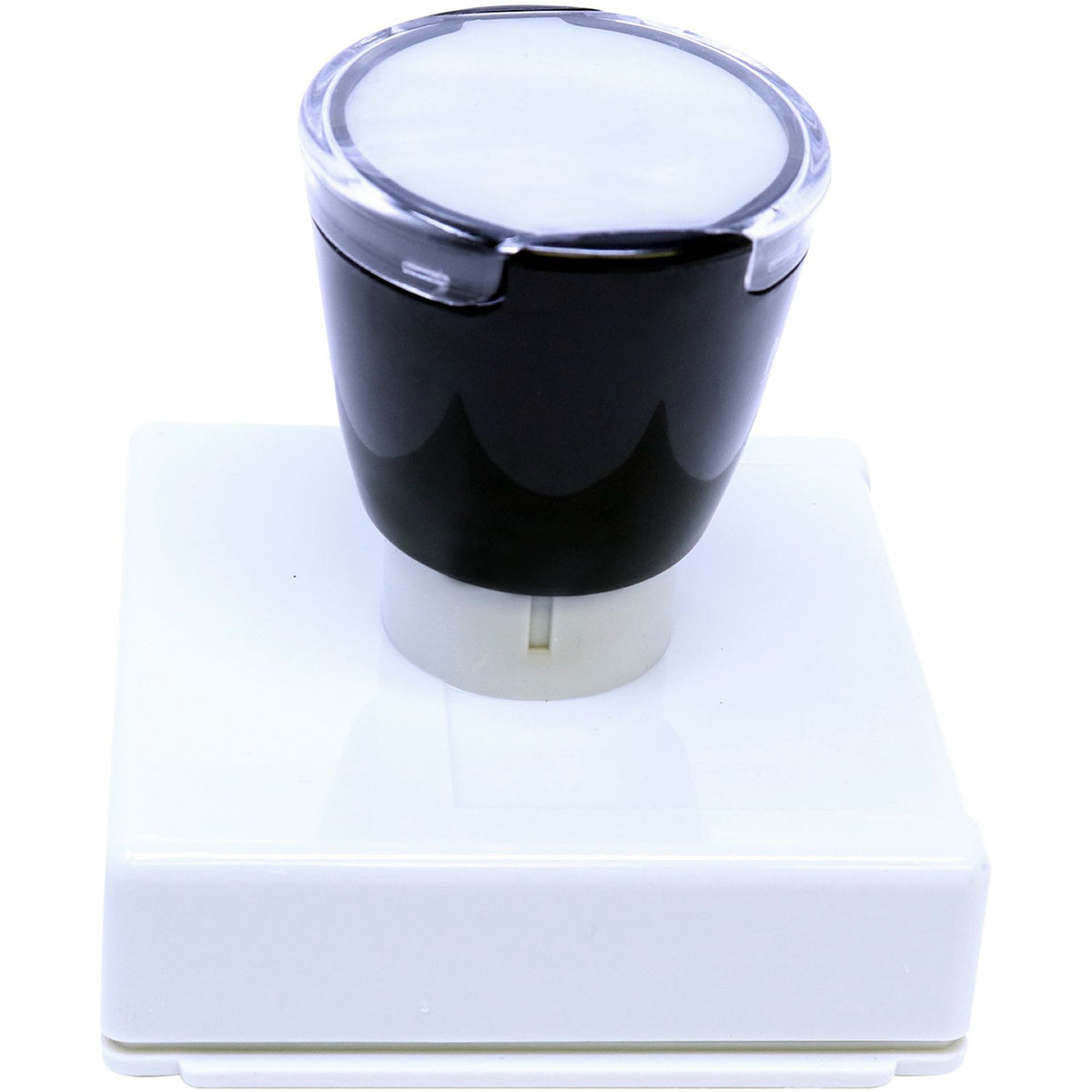 Black beverage cup with clear lid on white base, countertop drink dispenser accessory for hot or cold serving.
