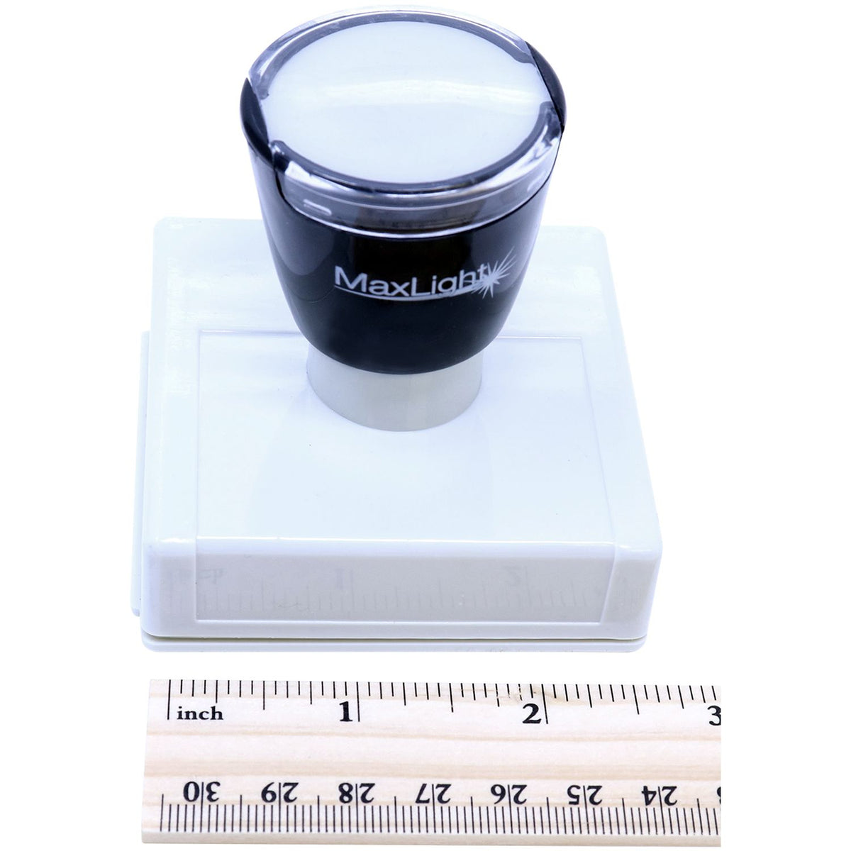 MaxLight LED flashlight product close-up with measuring ruler, highlighting compact size for reliable outdoor and home illumination