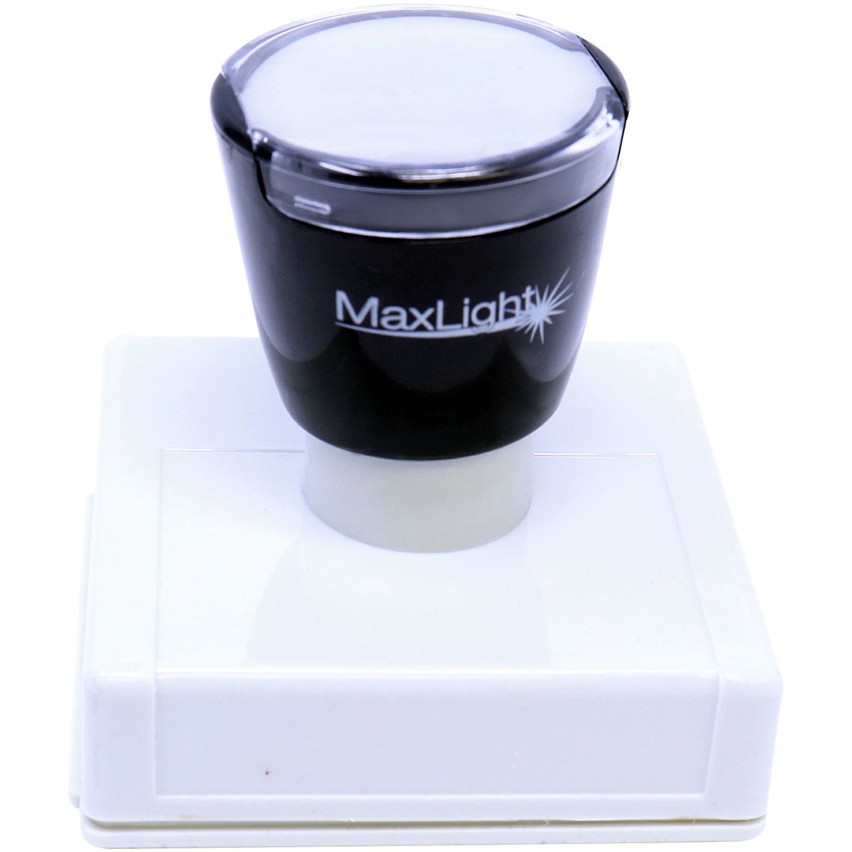 MaxLight branded black portable light device on a white base, showing the light housing for product identification.