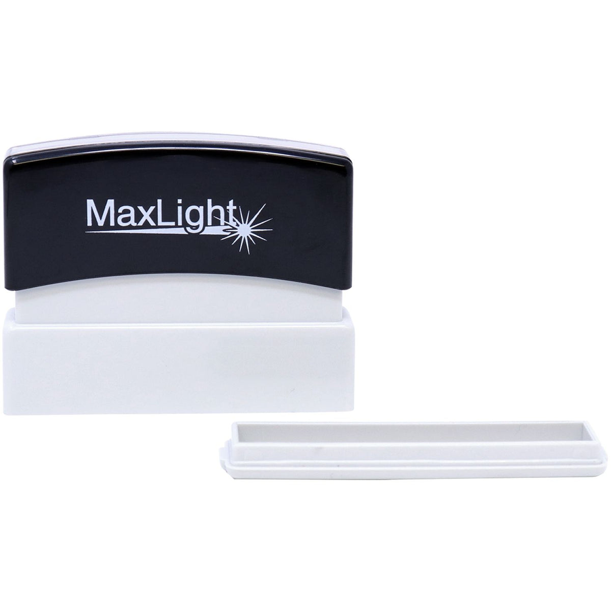 MaxLight LED flashlight with white charging base and branded logo, compact portable light for home, work, and travel.