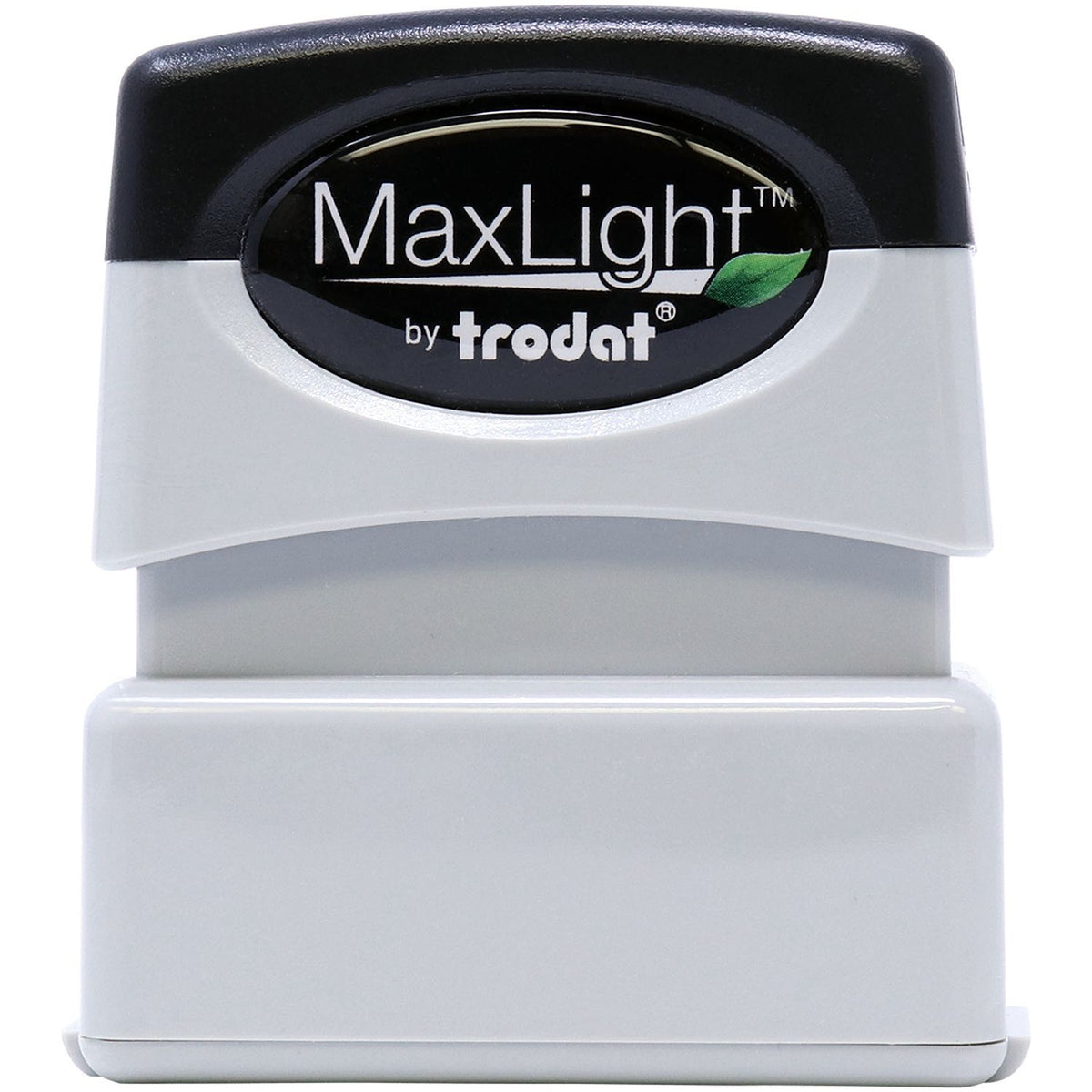 Trodat MaxLight stamp with logo on top, highlighting a durable ink stamper for clear document marking.