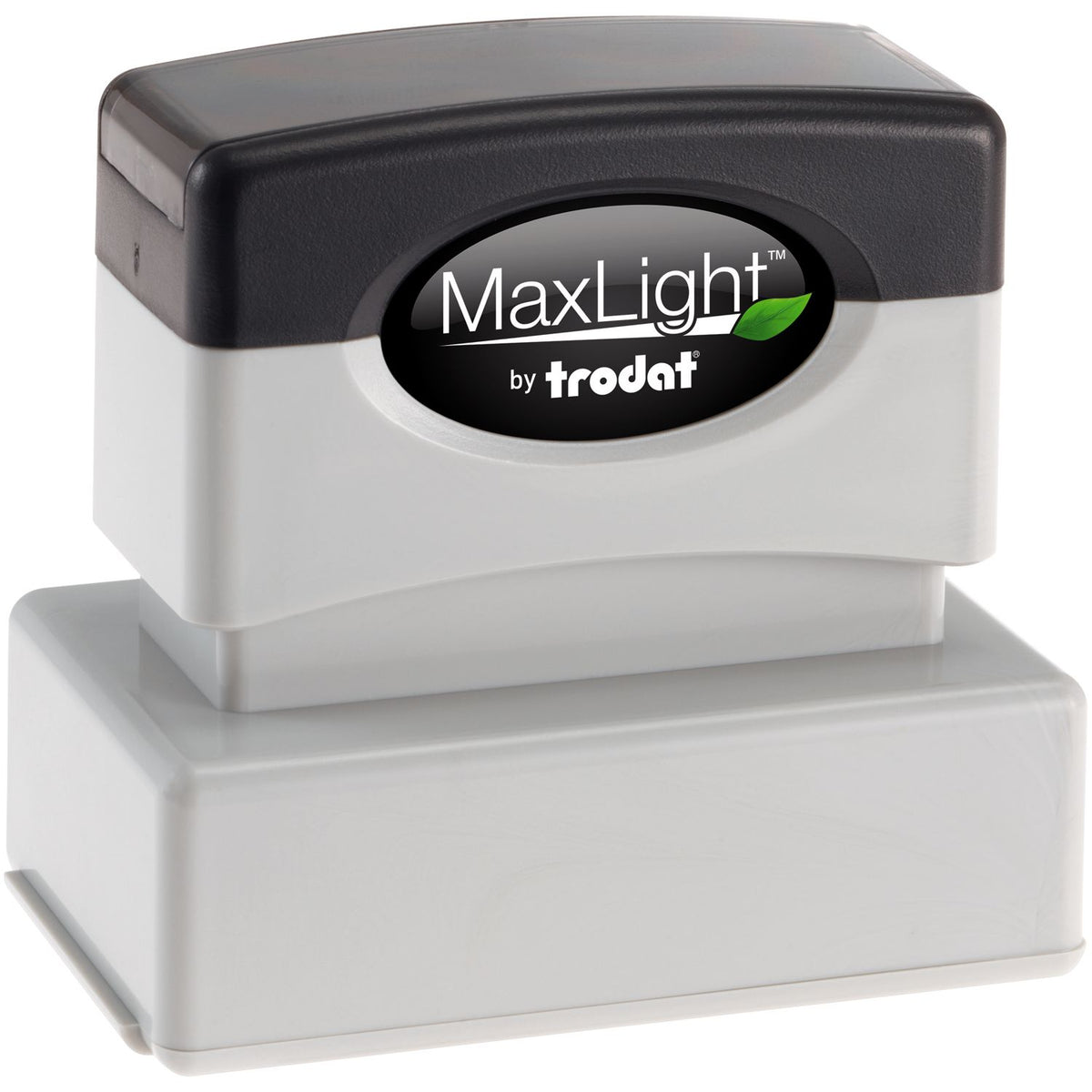 Trodat MaxLight self-inking stamp with logo on ink pad, for fast office date and message imprints on papers and labels for invoices and receipts.
