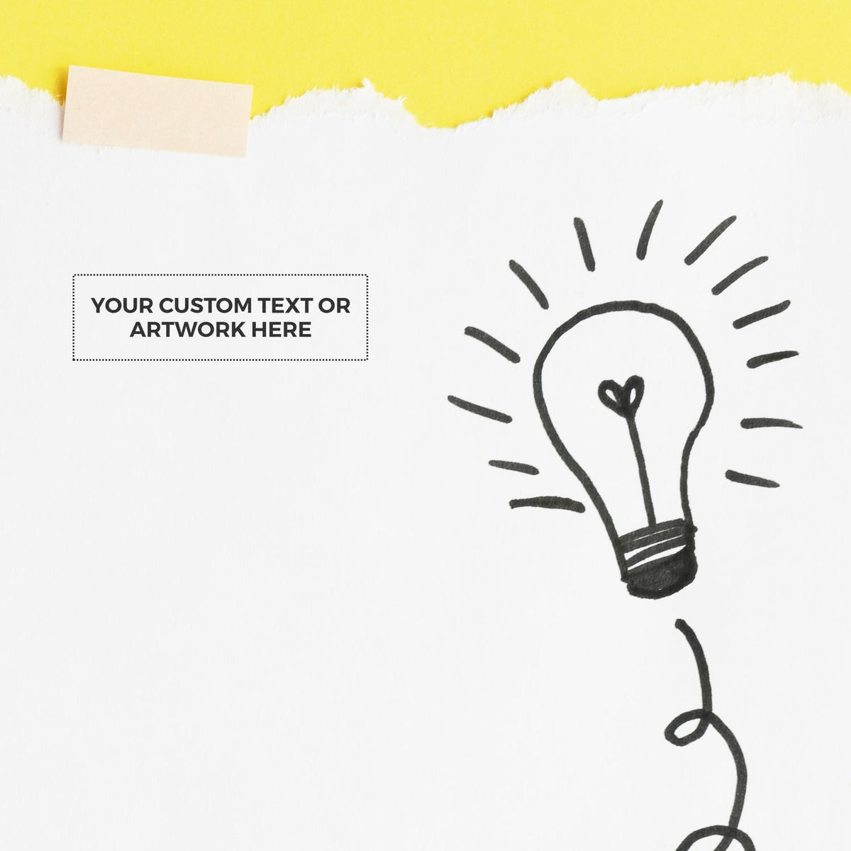Custom text or artwork template with hand-drawn lightbulb idea illustration on white paper, creative concept for marketing and blogs