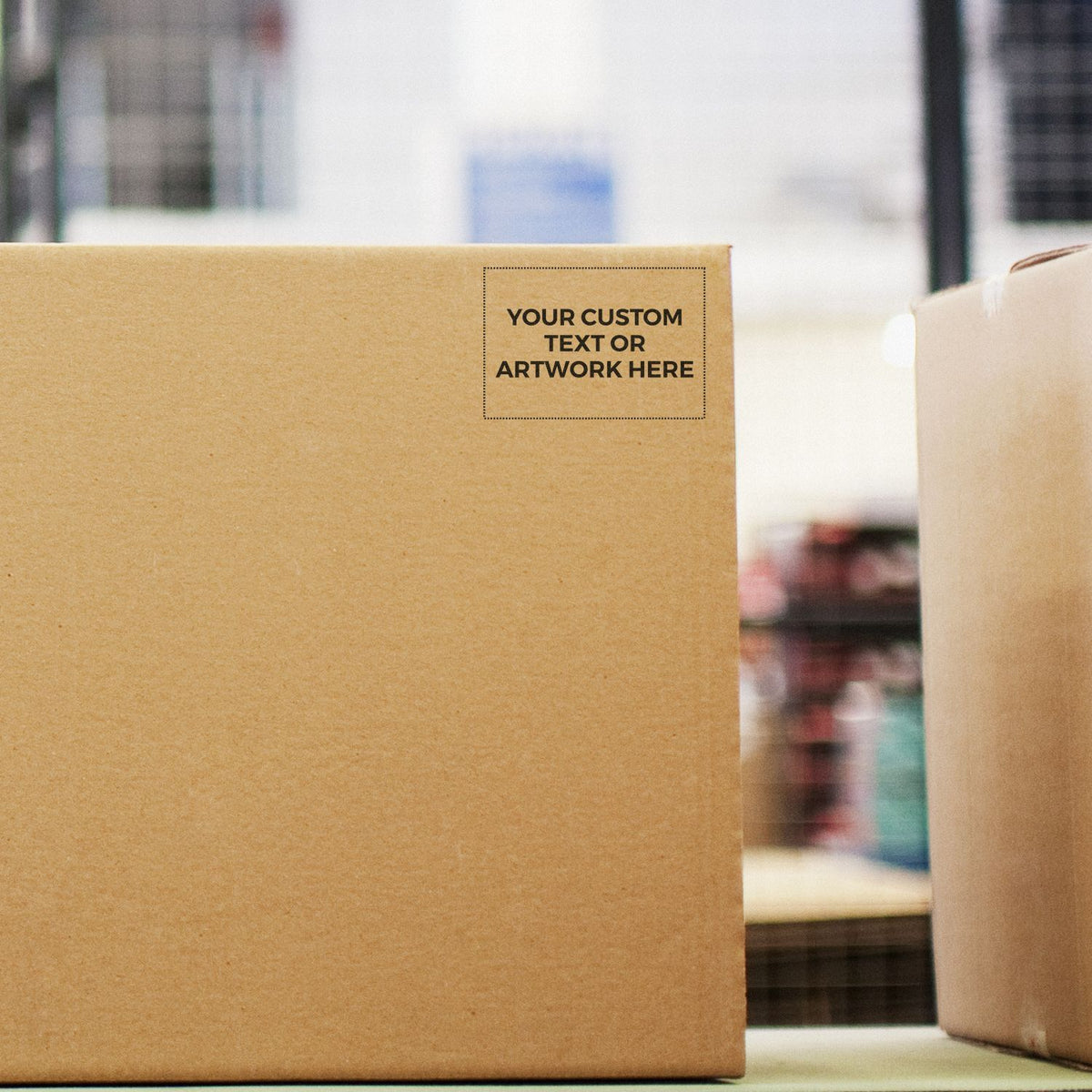 Cardboard shipping boxes with custom label text on surface, ideal for eCommerce packaging and fulfillment storage in warehouse.