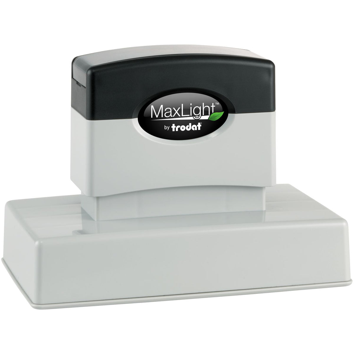 MaxLight by Trodat self-inking stamp with black and gray housing on a white background