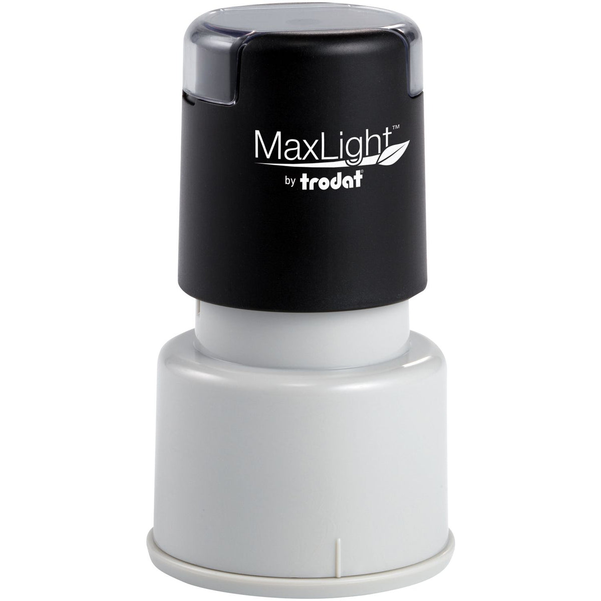Trodat MaxLight ink cartridge for self-inking stamps, featuring black top and clear window for reliable date imprinting.