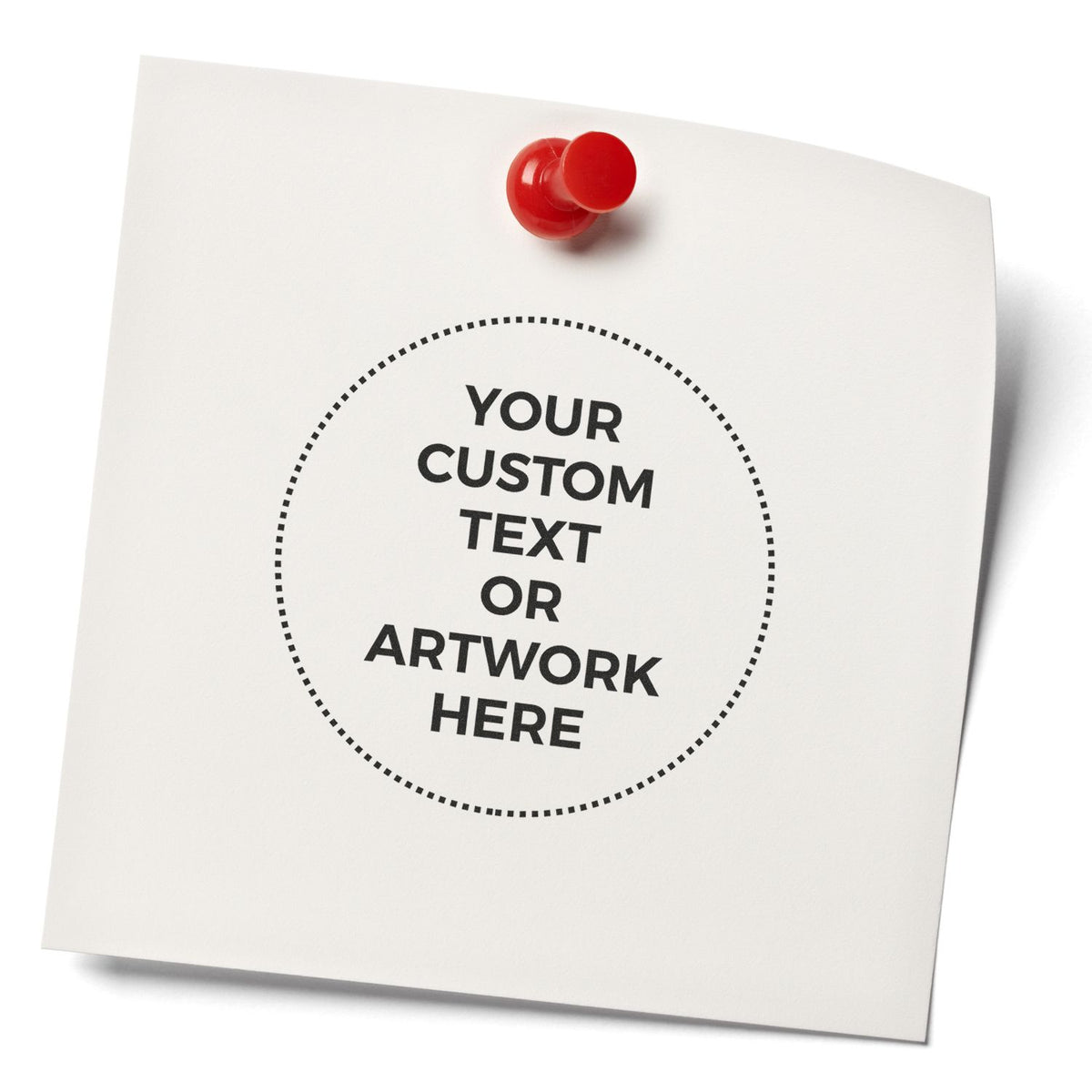 Custom text or artwork placeholder card with red pushpin on white background, ideal for personalized message printing and design.