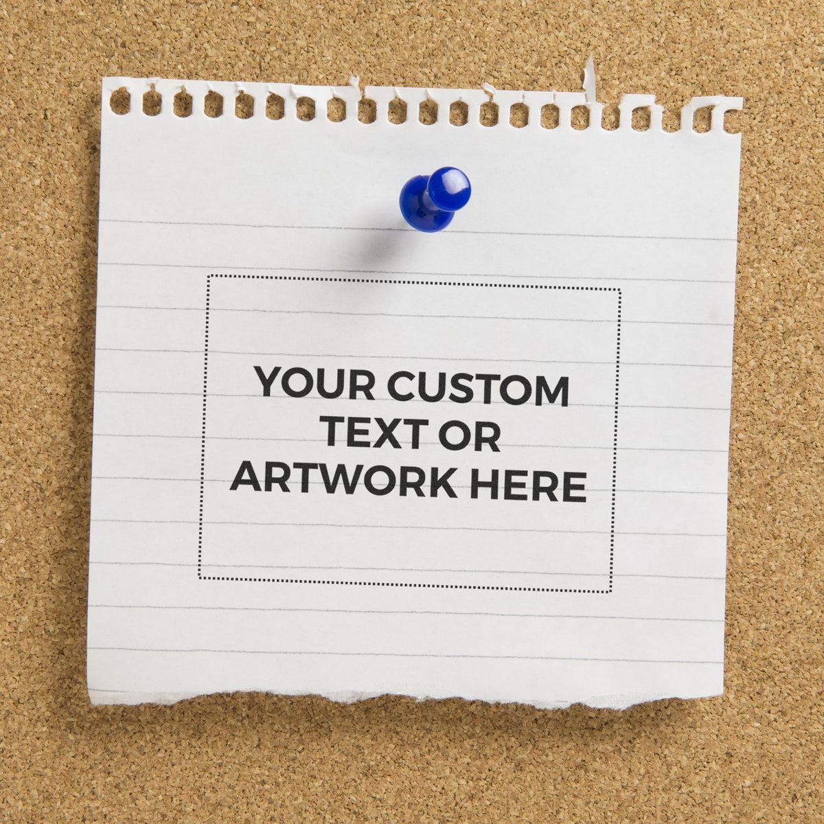 Corkboard pinned note with blue pushpin mockup for custom text or artwork placeholder in dashed box, printable design template